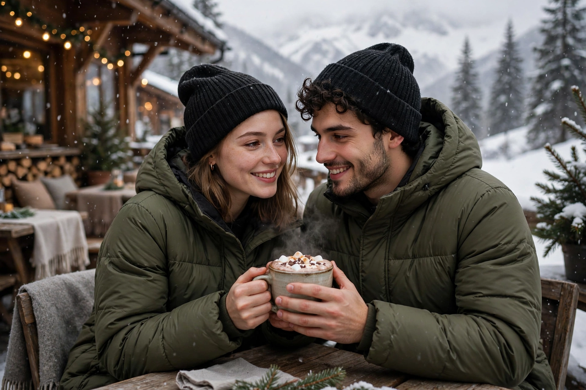 Create an ultra-realistic cinematic photograph of a young couple in matching winter coats sharing hot chocolate at a snowy mountain cafe. Style: profe