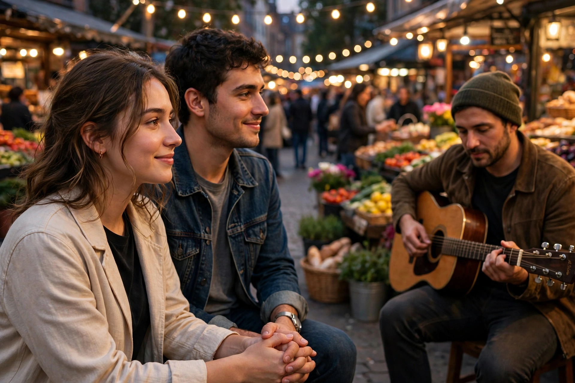 Create an ultra-realistic cinematic photograph of a young couple watching a street musician in a lively evening market, holding hands. Style: professi