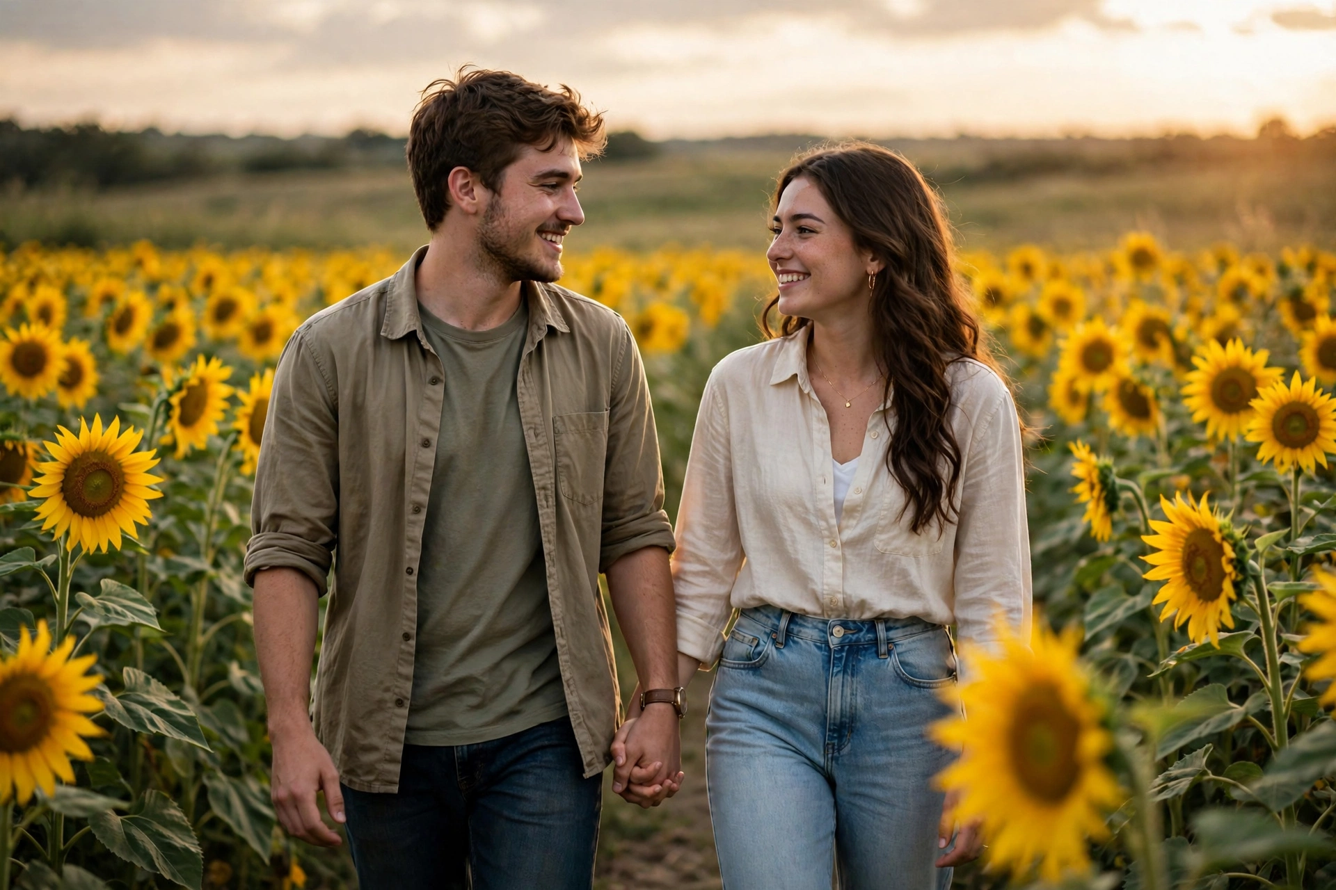 Create an ultra-realistic cinematic photograph of a young couple walking hand in hand through a sunflower field, soft evening light, both smiling at e