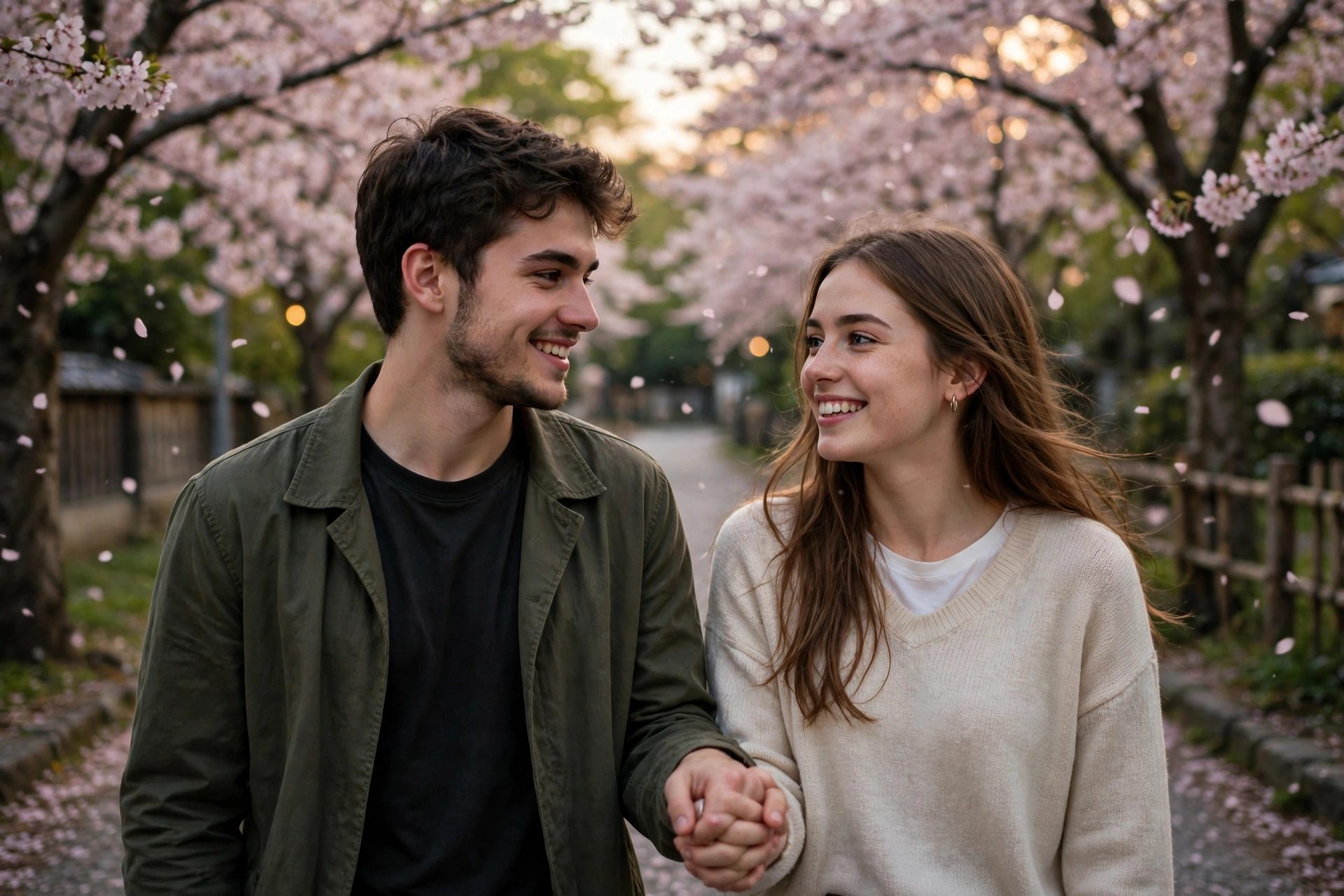 Create an ultra-realistic cinematic photograph of a young couple walking hand in hand through a cherry blossom lane, soft evening light, both smiling