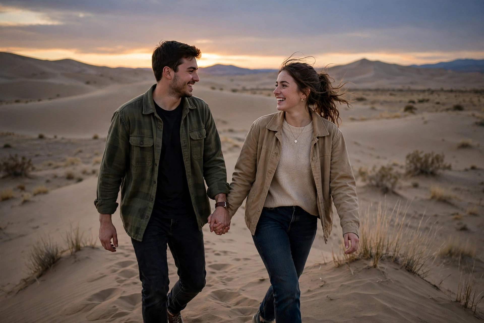 Create an ultra-realistic cinematic photograph of a young couple walking hand in hand through a desert dune at dusk, soft evening light, both smiling