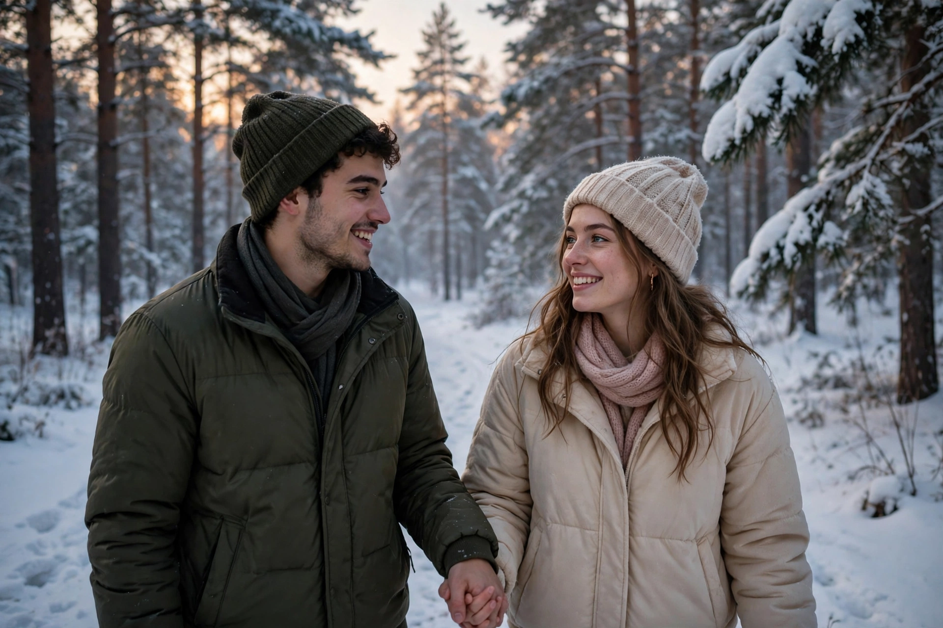 Create an ultra-realistic cinematic photograph of a young couple walking hand in hand through a snow-covered pine forest, soft evening light, both smi