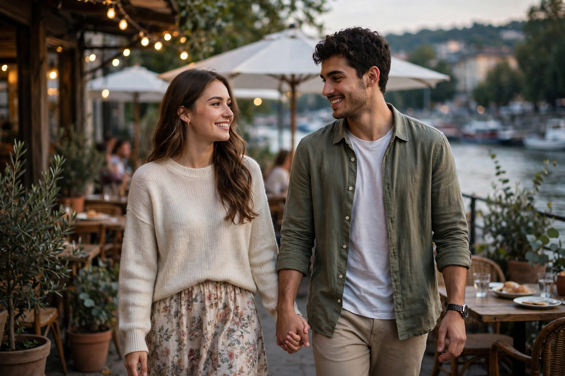 Create an ultra-realistic cinematic photograph of a young couple walking hand in hand through a riverside cafe, soft evening light, both smiling at ea