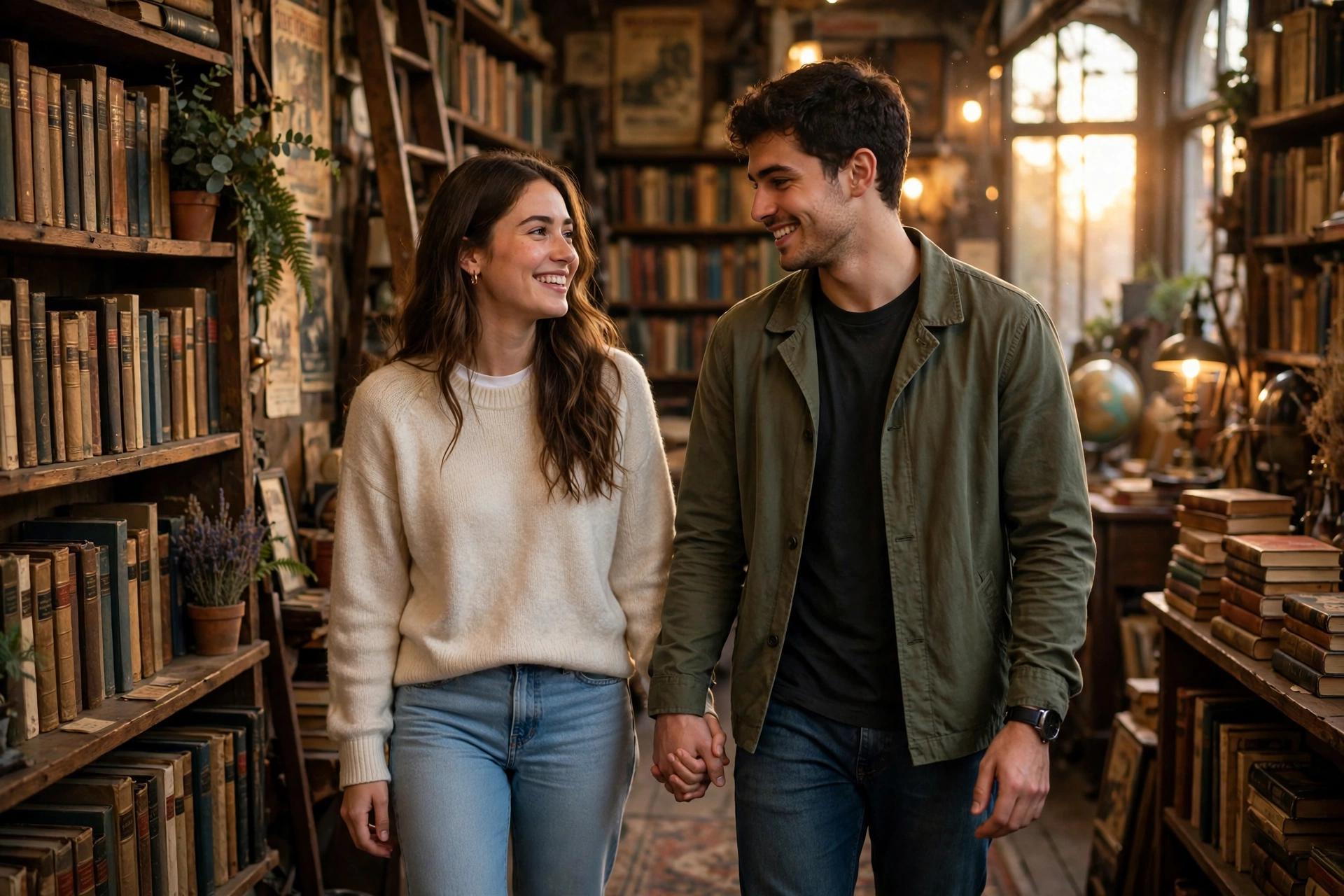 Create an ultra-realistic cinematic photograph of a young couple walking hand in hand through a vintage bookshop, soft evening light, both smiling at
