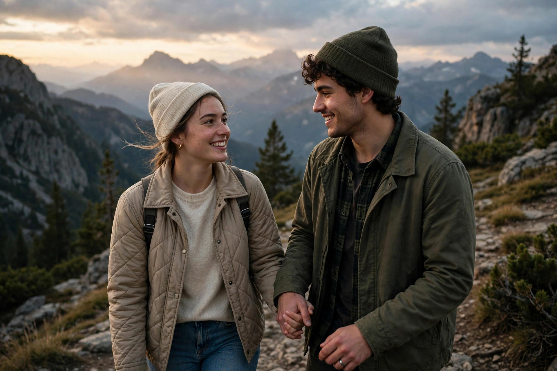 Create an ultra-realistic cinematic photograph of a young couple walking hand in hand through a mountain viewpoint, soft evening light, both smiling a