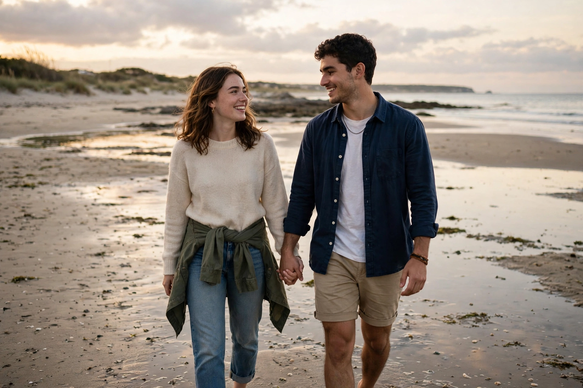 Create an ultra-realistic cinematic photograph of a young couple walking hand in hand through a beach at low tide, soft evening light, both smiling at