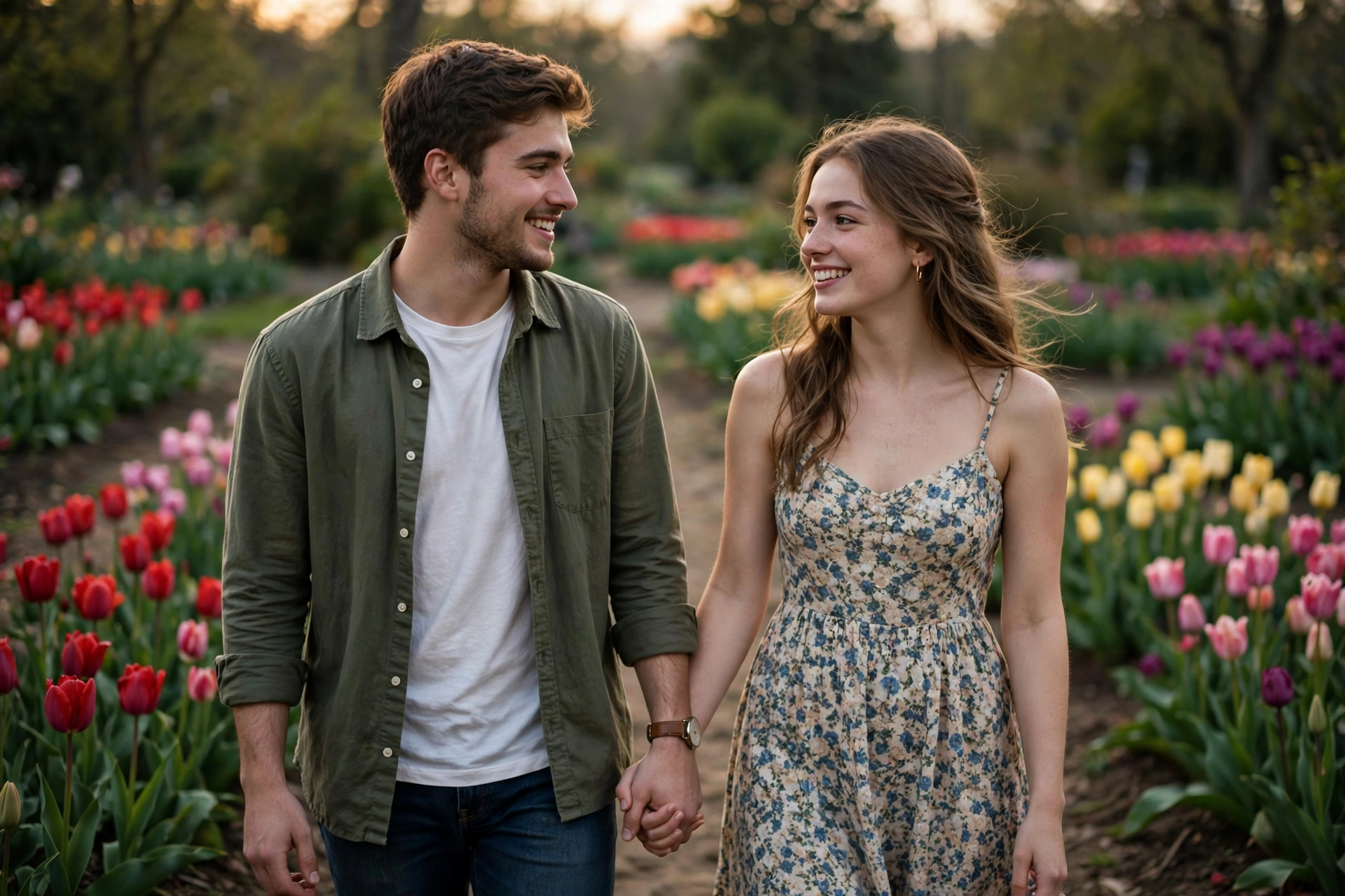 Create an ultra-realistic cinematic photograph of a young couple walking hand in hand through a tulip garden, soft evening light, both smiling at each