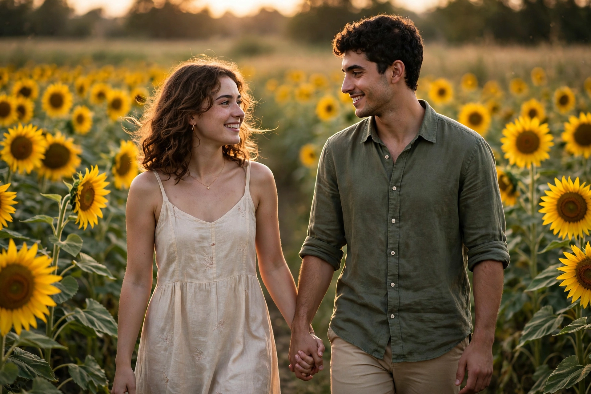 Create an ultra-realistic cinematic photograph of a young couple walking hand in hand through a sunflower field, soft evening light, both smiling at e