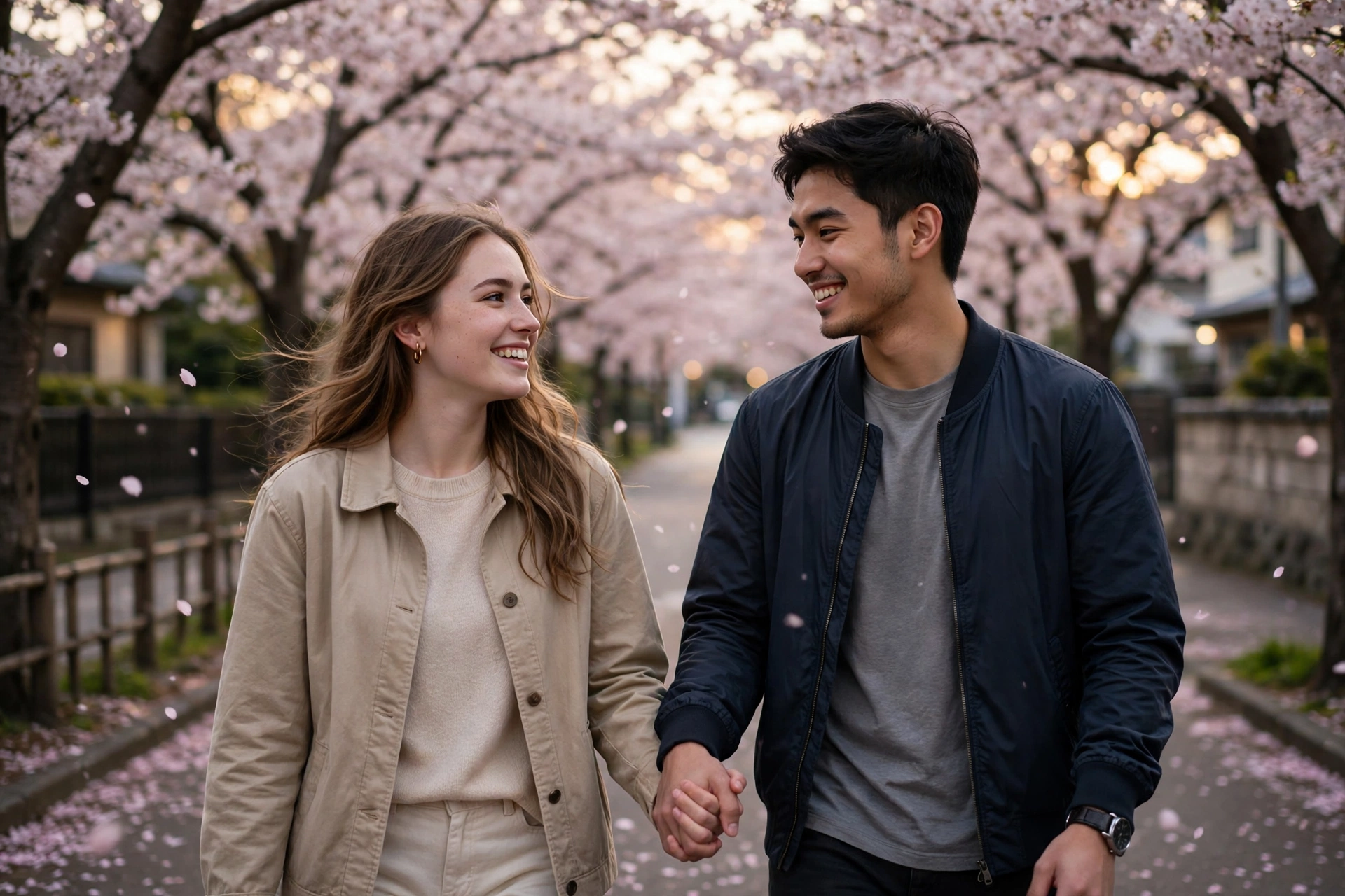 Create an ultra-realistic cinematic photograph of a young couple walking hand in hand through a cherry blossom lane, soft evening light, both smiling