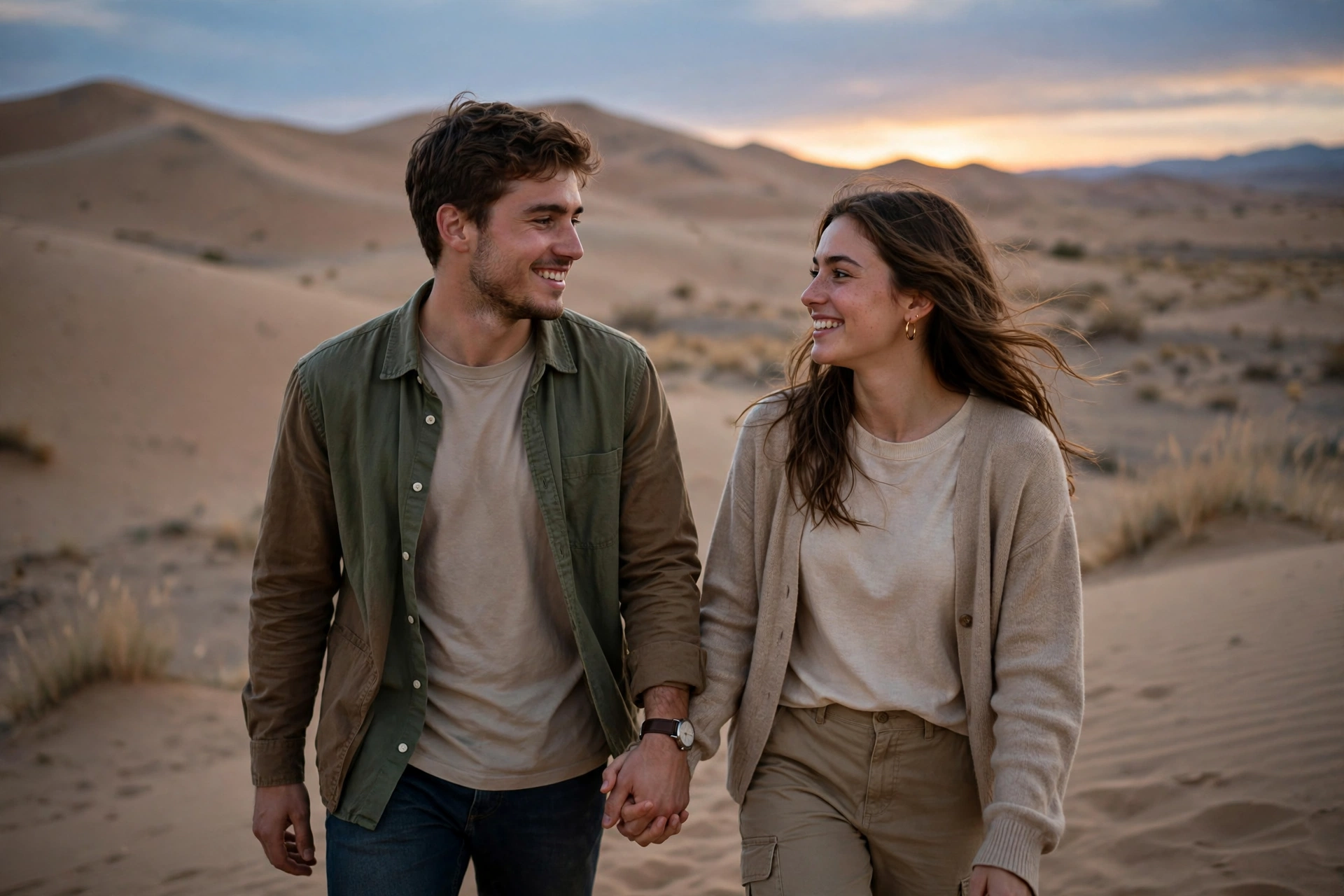 Create an ultra-realistic cinematic photograph of a young couple walking hand in hand through a desert dune at dusk, soft evening light, both smiling