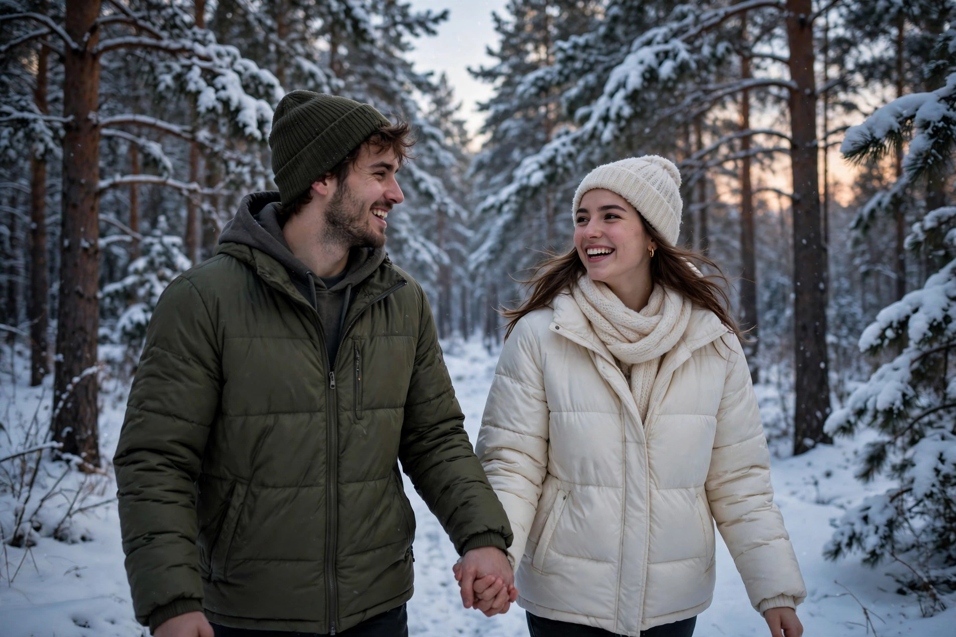 Create an ultra-realistic cinematic photograph of a young couple walking hand in hand through a snow-covered pine forest, soft evening light, both smi