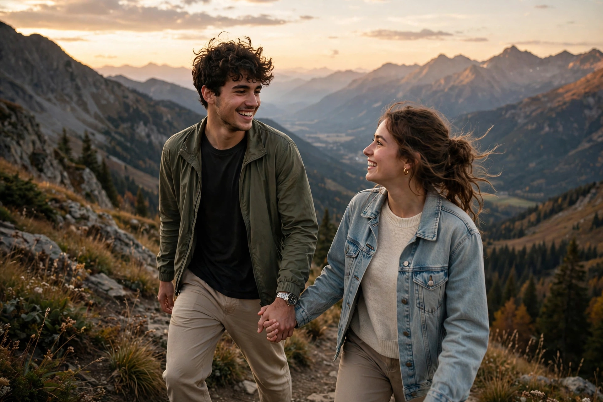 Create an ultra-realistic cinematic photograph of a young couple walking hand in hand through a mountain viewpoint, soft evening light, both smiling a