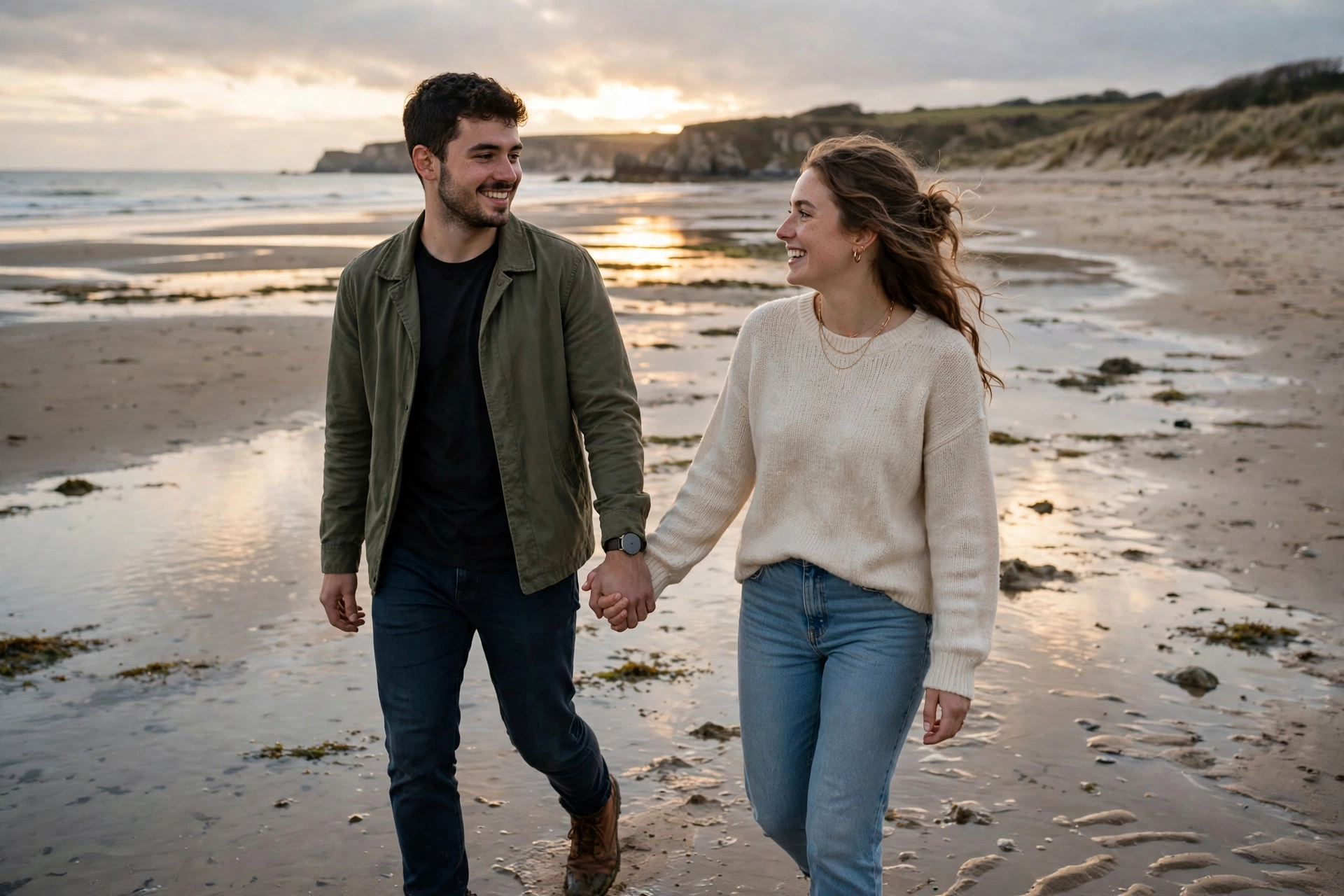 Create an ultra-realistic cinematic photograph of a young couple walking hand in hand through a beach at low tide, soft evening light, both smiling at