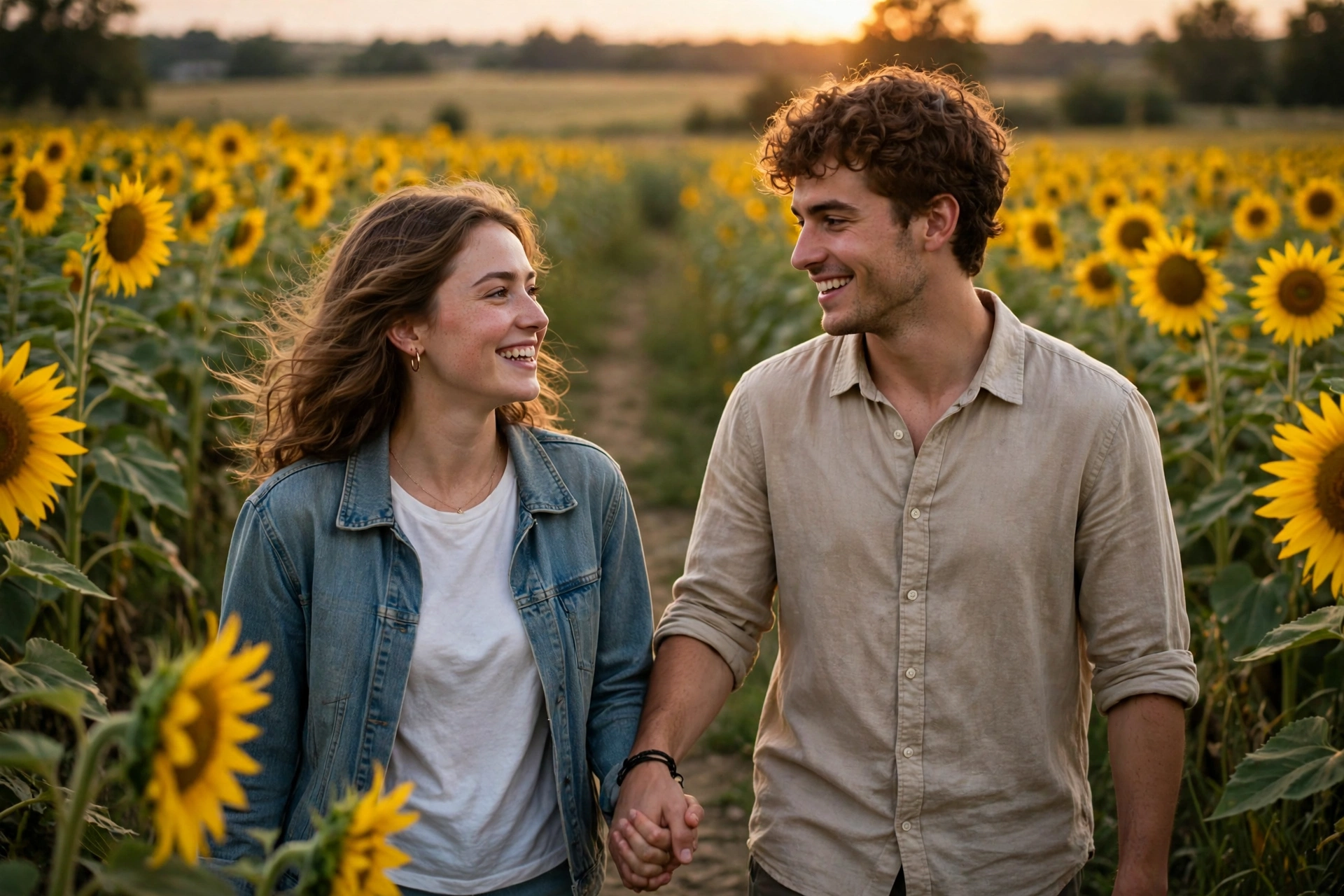 Create an ultra-realistic cinematic photograph of a young couple walking hand in hand through a sunflower field, soft evening light, both smiling at e