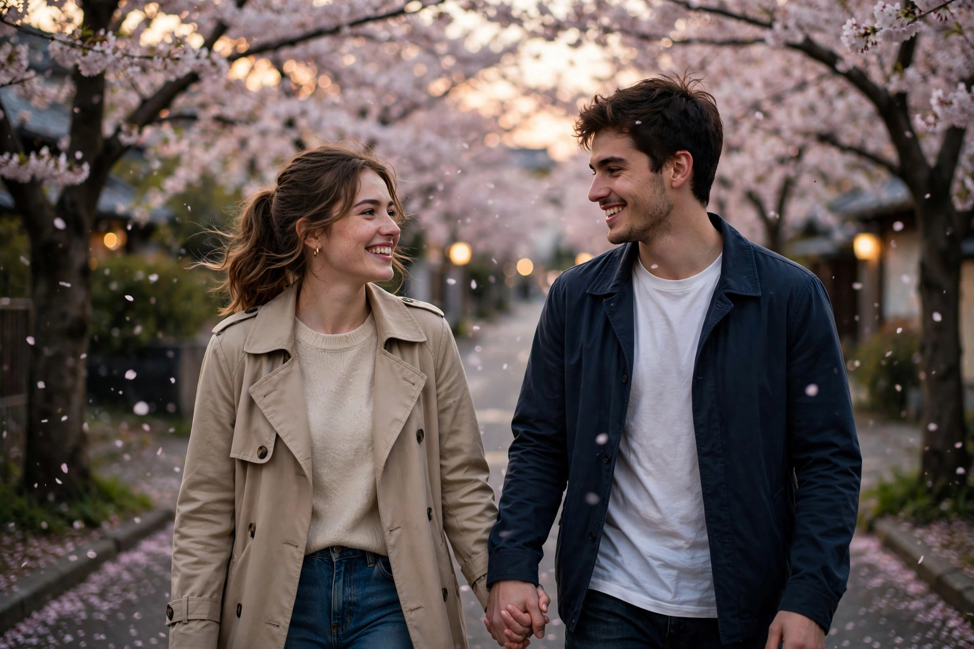 Create an ultra-realistic cinematic photograph of a young couple walking hand in hand through a cherry blossom lane, soft evening light, both smiling