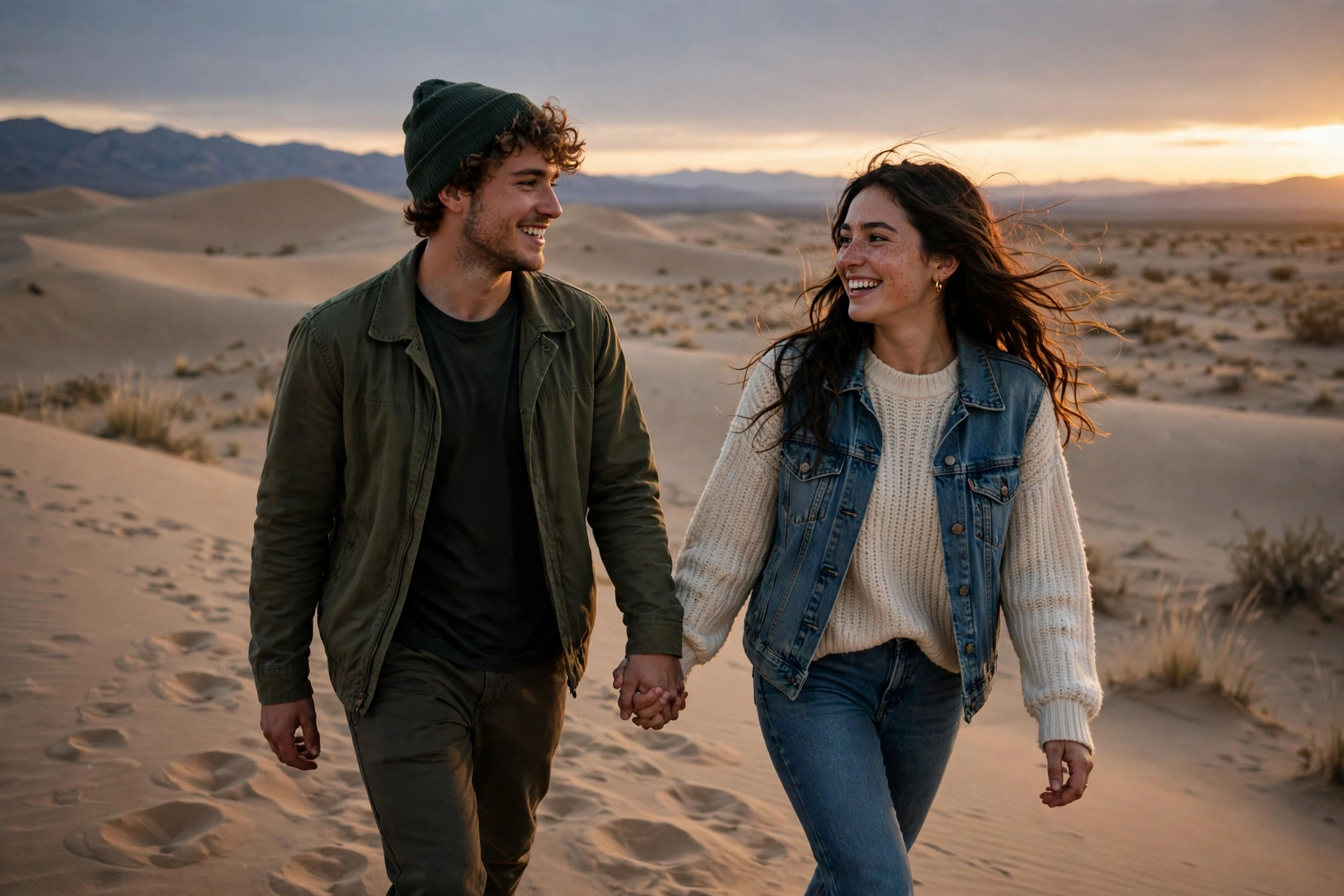Create an ultra-realistic cinematic photograph of a young couple walking hand in hand through a desert dune at dusk, soft evening light, both smiling