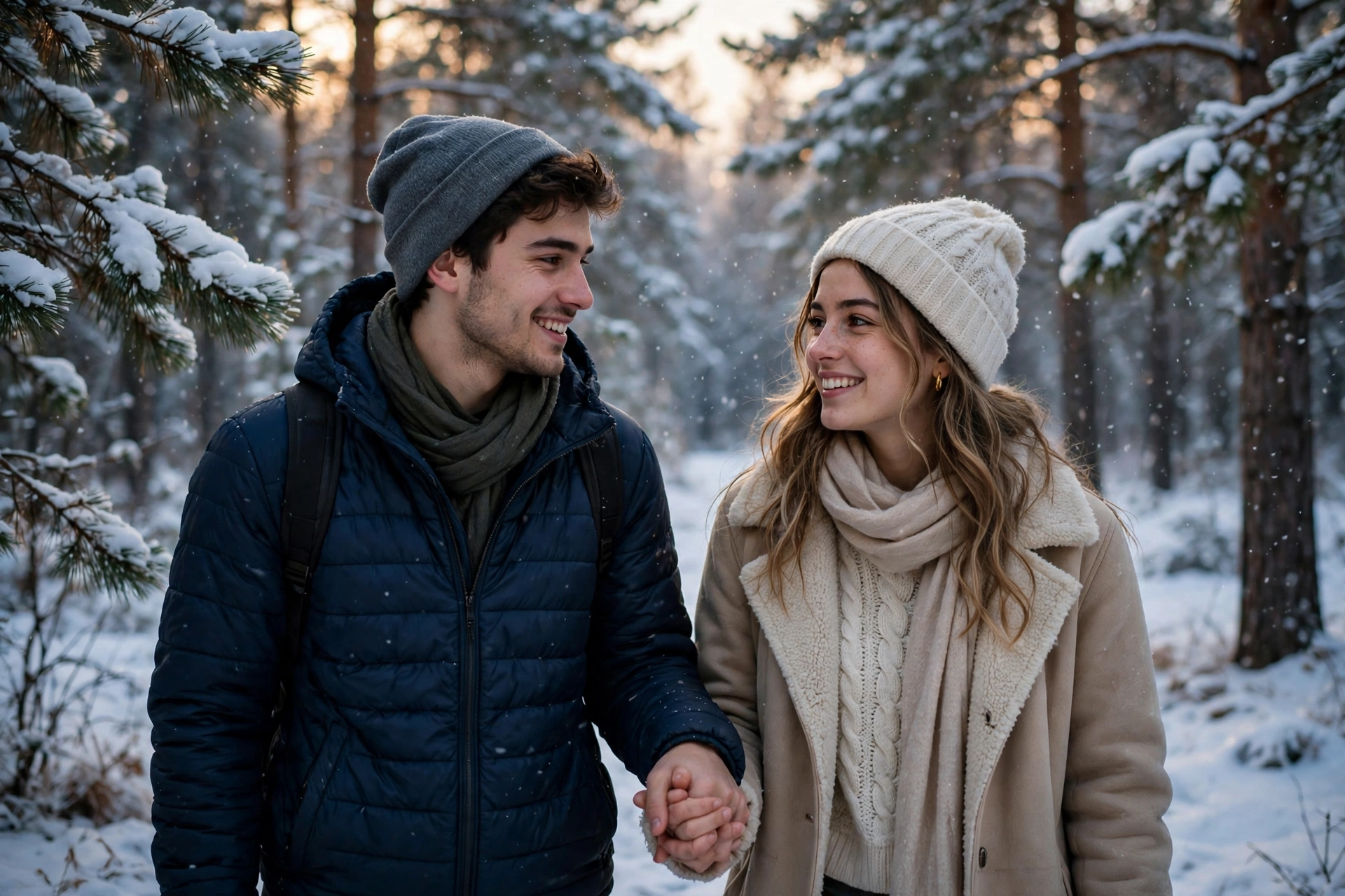 Create an ultra-realistic cinematic photograph of a young couple walking hand in hand through a snow-covered pine forest, soft evening light, both smi