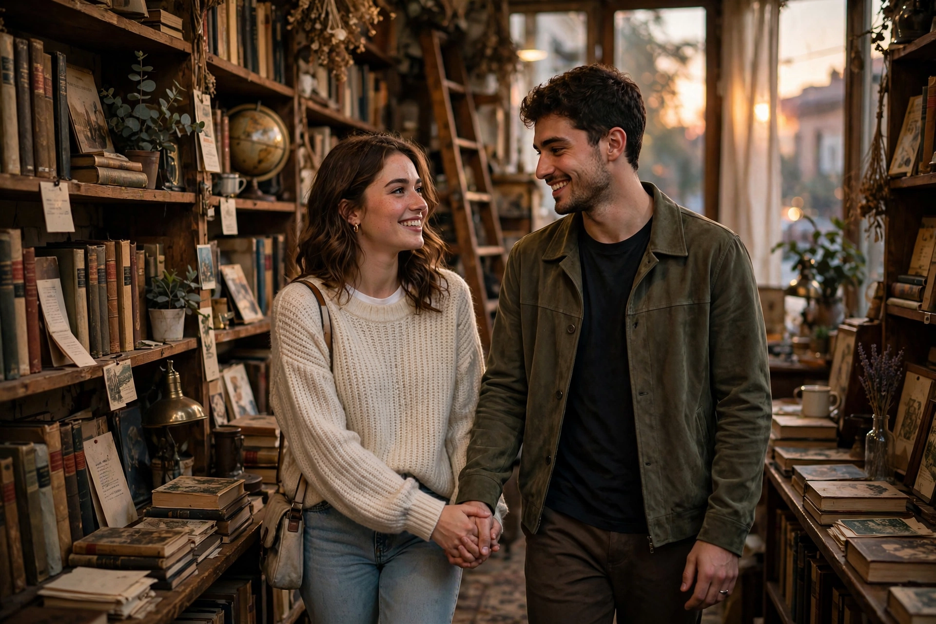 Create an ultra-realistic cinematic photograph of a young couple walking hand in hand through a vintage bookshop, soft evening light, both smiling at