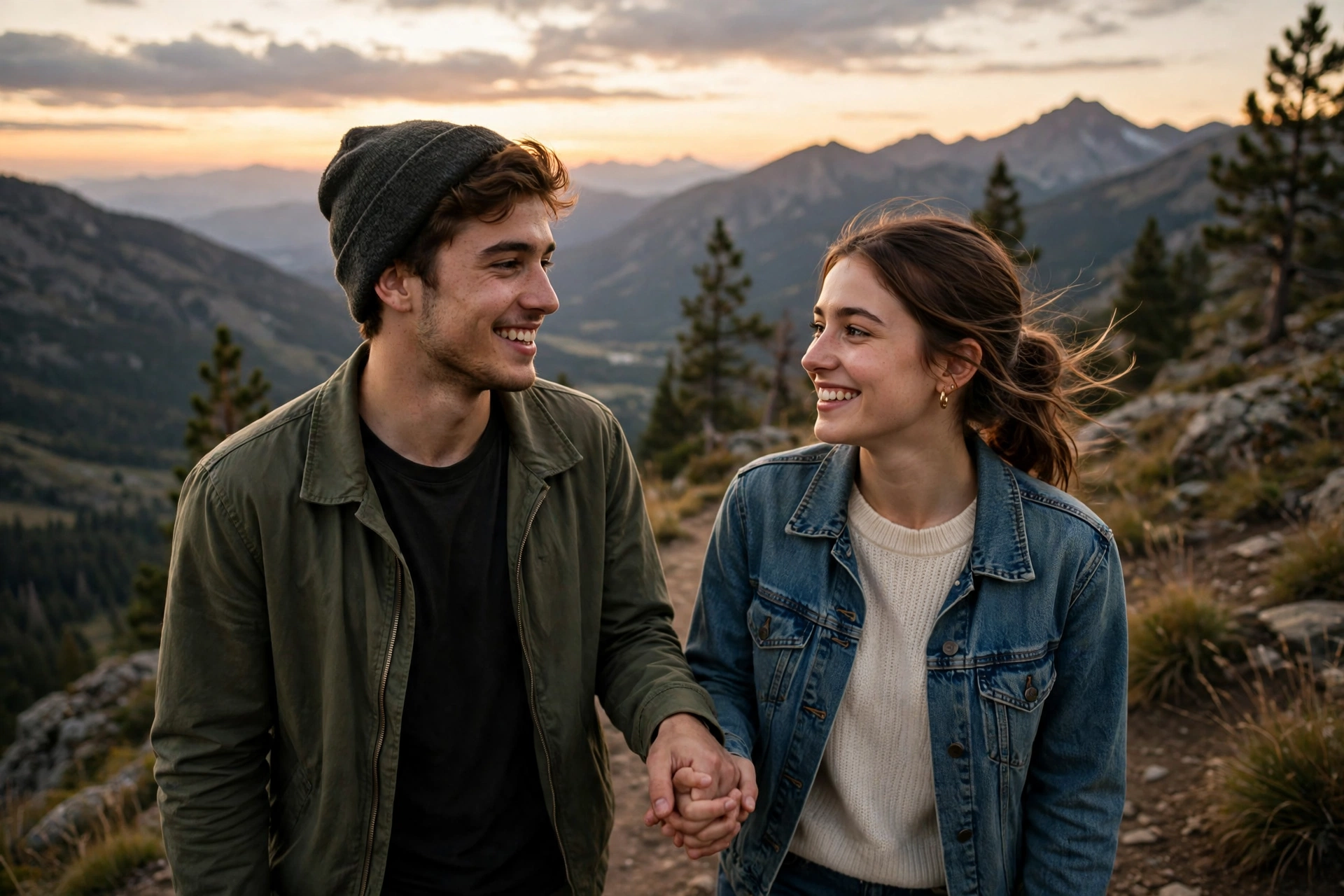 Create an ultra-realistic cinematic photograph of a young couple walking hand in hand through a mountain viewpoint, soft evening light, both smiling a