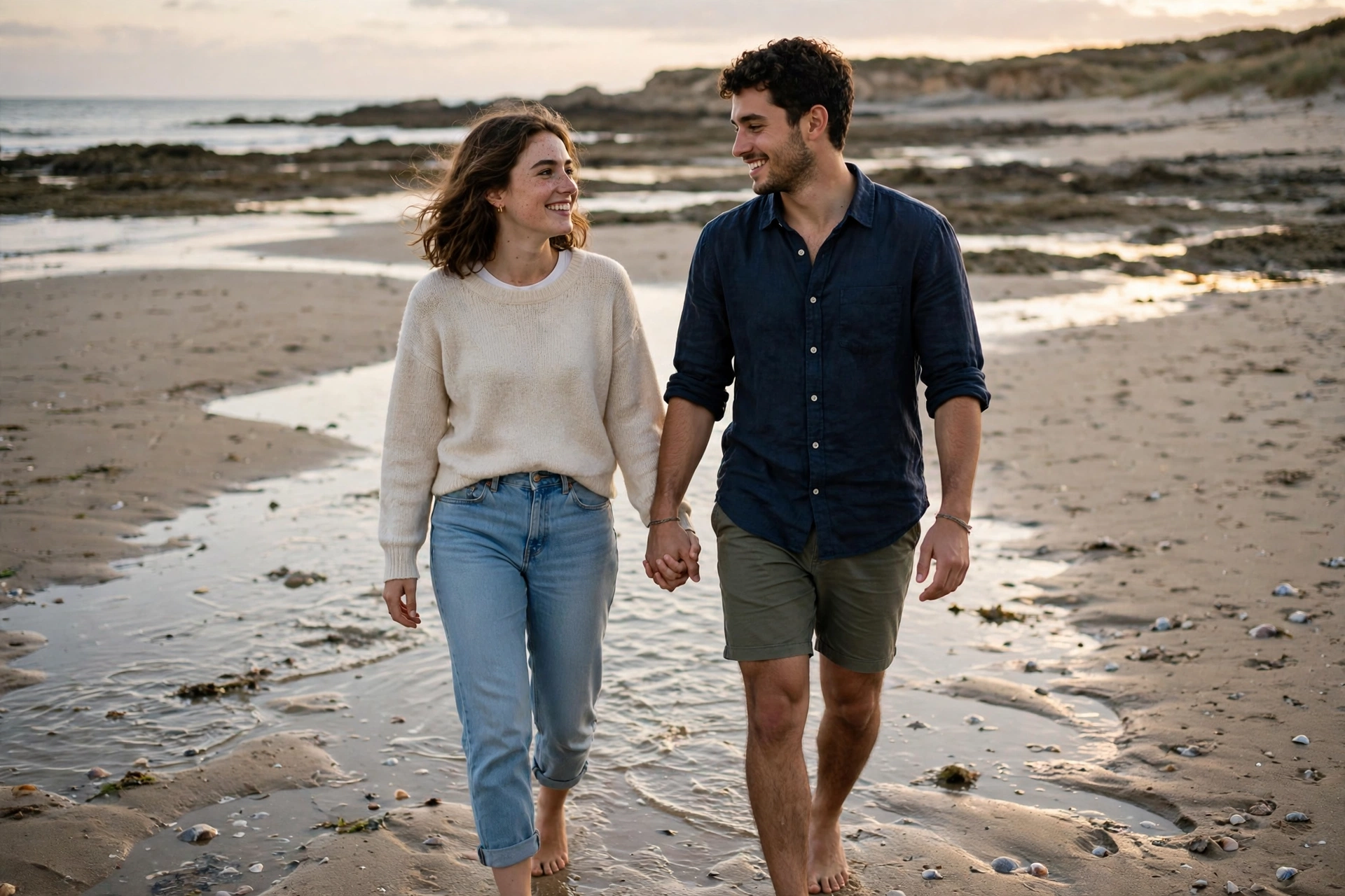 Create an ultra-realistic cinematic photograph of a young couple walking hand in hand through a beach at low tide, soft evening light, both smiling at