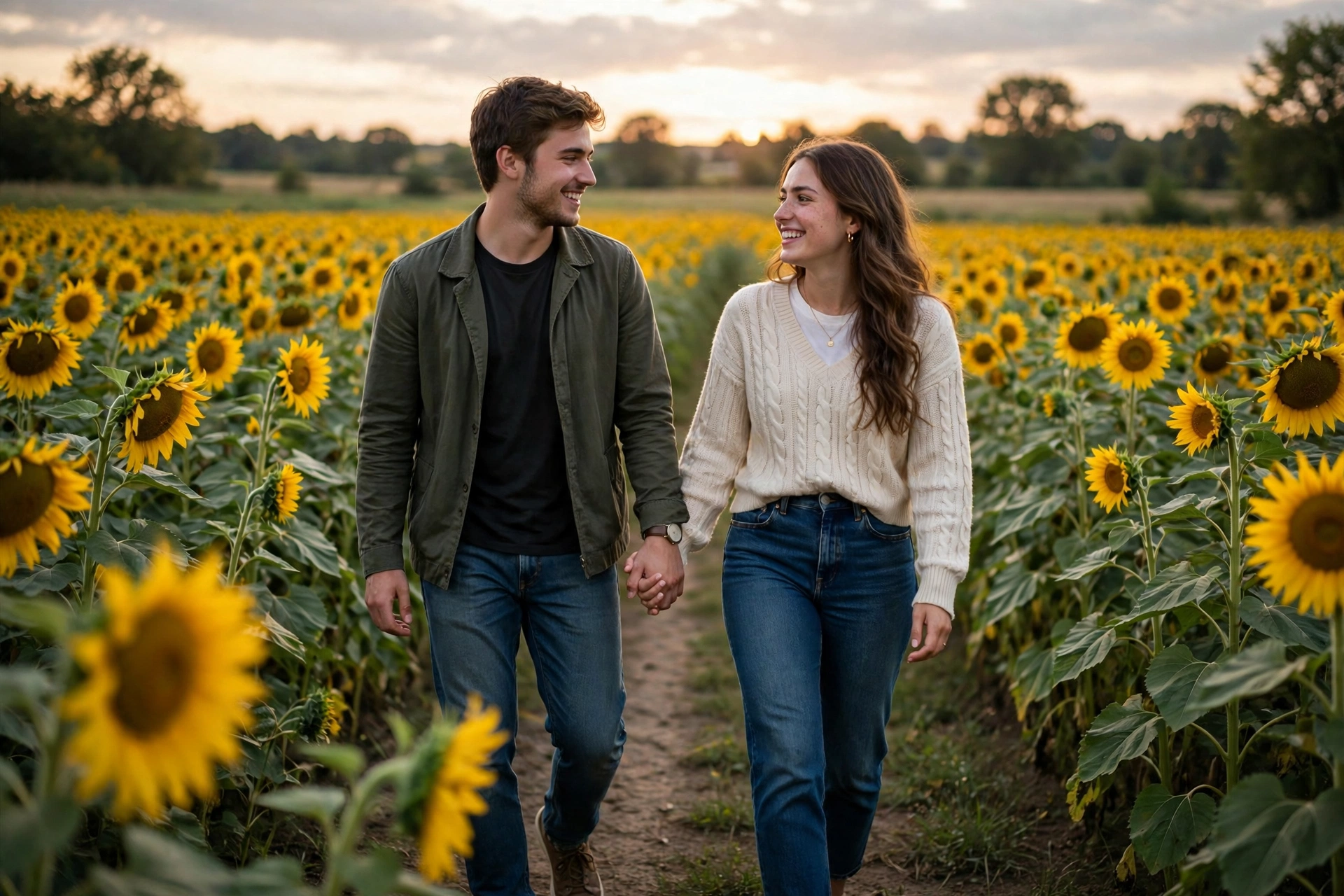 Create an ultra-realistic cinematic photograph of a young couple walking hand in hand through a sunflower field, soft evening light, both smiling at e