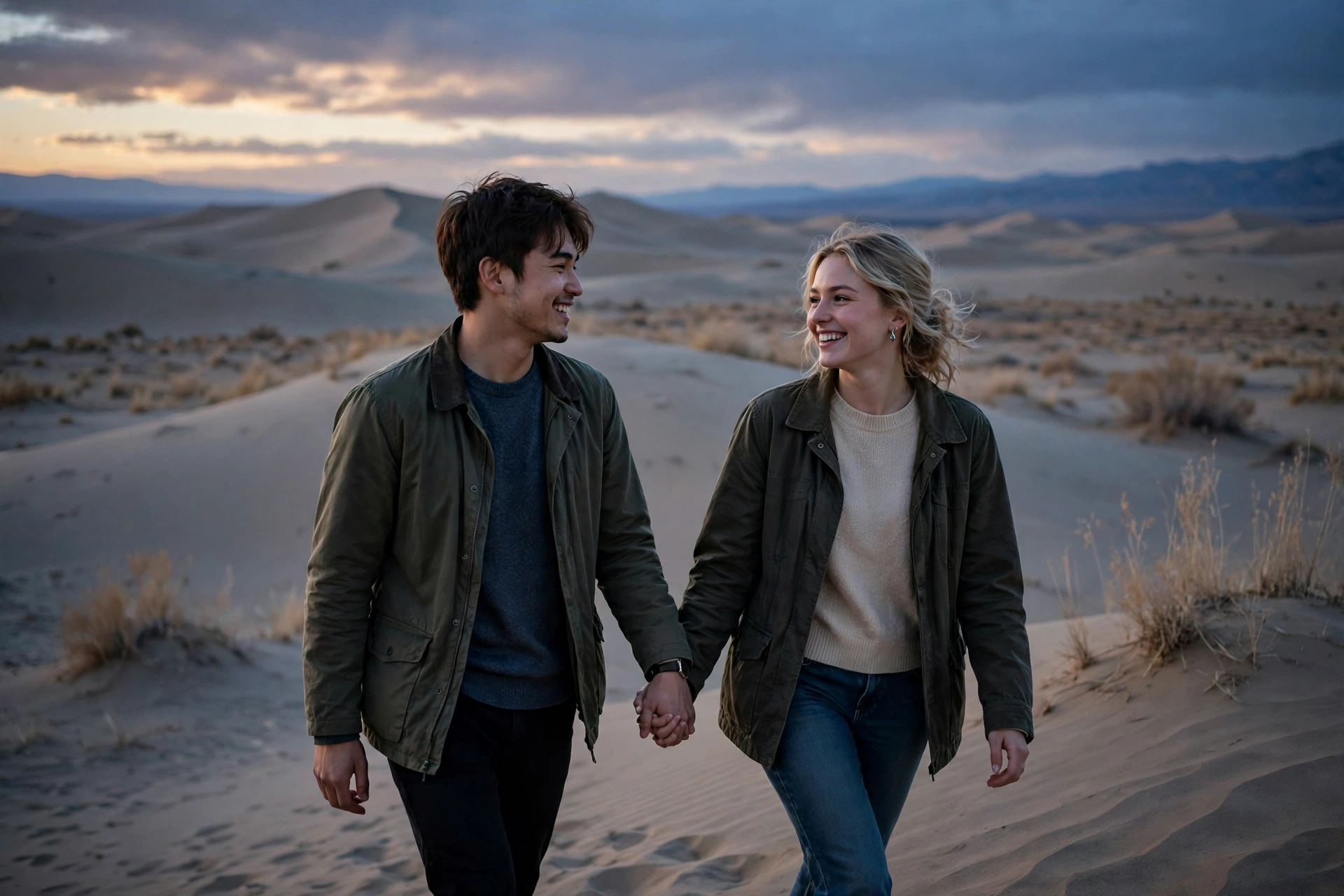 Create an ultra-realistic cinematic photograph of a young couple walking hand in hand through a desert dune at dusk, soft evening light, both smiling