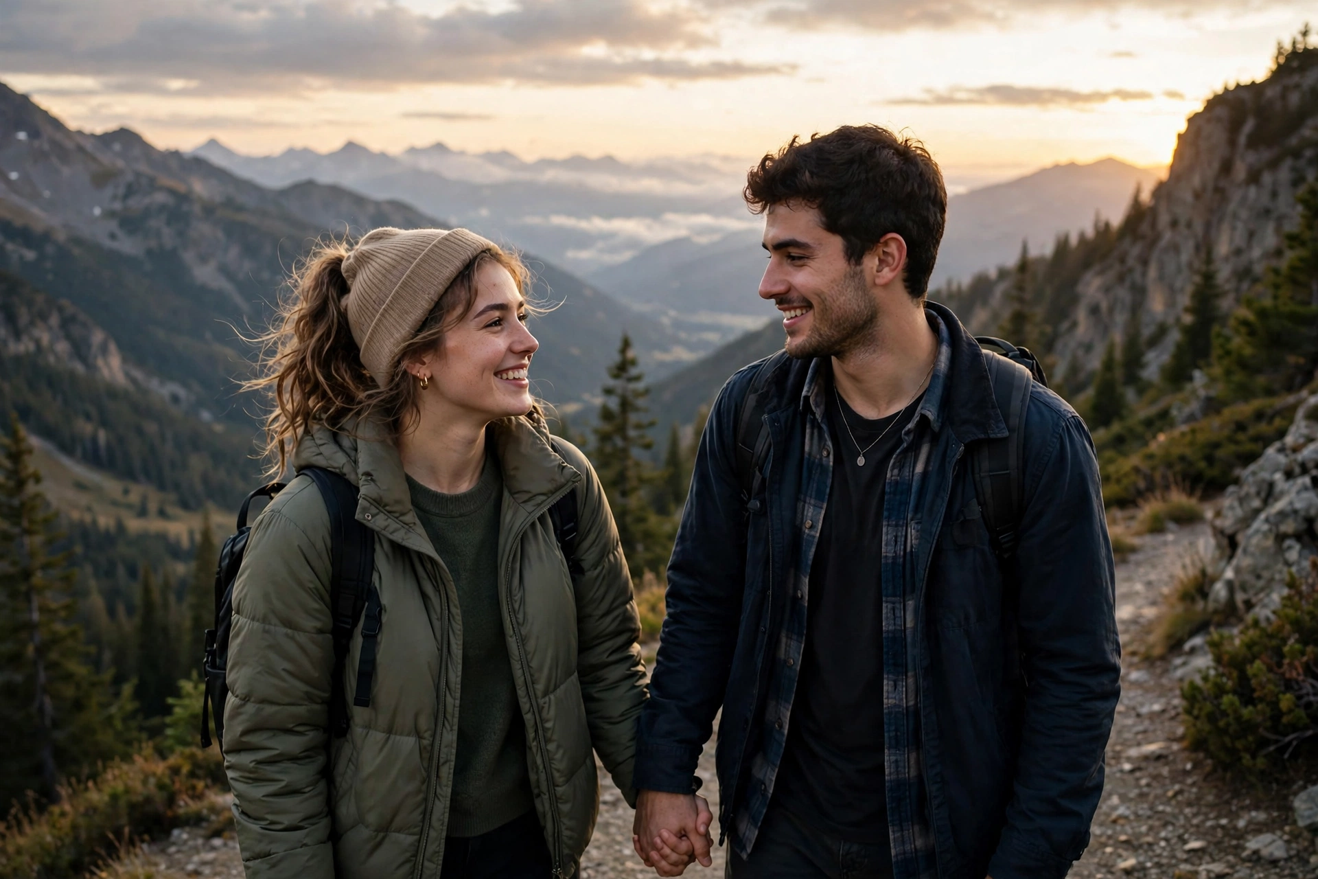 Create an ultra-realistic cinematic photograph of a young couple walking hand in hand through a mountain viewpoint, soft evening light, both smiling a