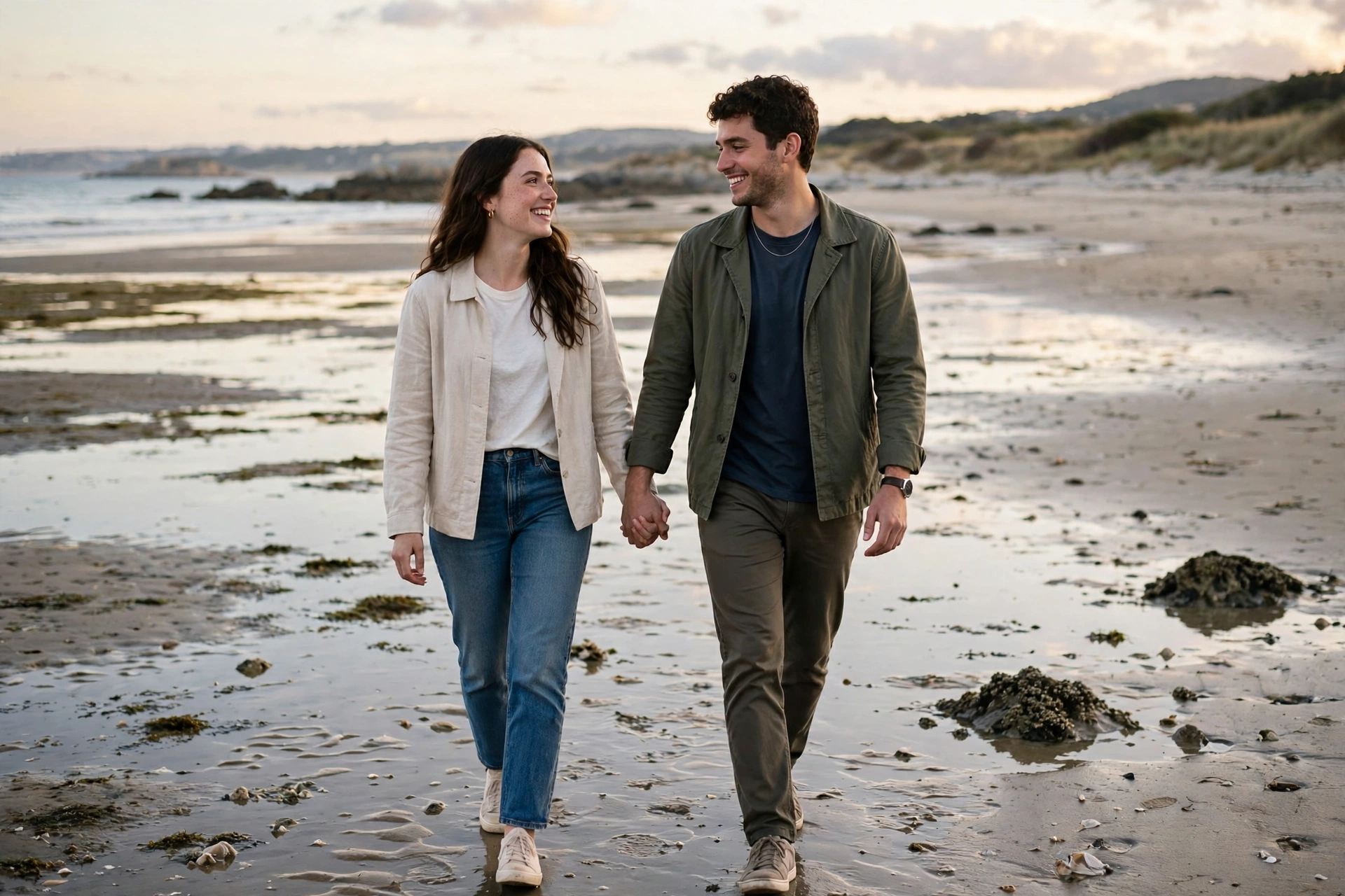 Create an ultra-realistic cinematic photograph of a young couple walking hand in hand through a beach at low tide, soft evening light, both smiling at