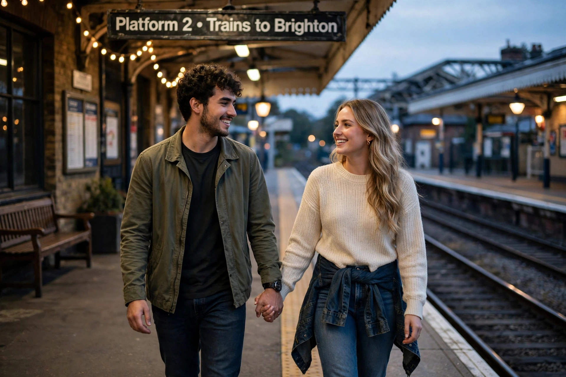 Create an ultra-realistic cinematic photograph of a young couple walking hand in hand through a quiet railway platform, soft evening light, both smili