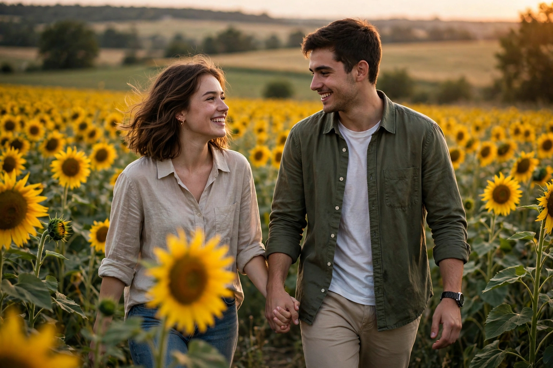 Create an ultra-realistic cinematic photograph of a young couple walking hand in hand through a sunflower field, soft evening light, both smiling at e