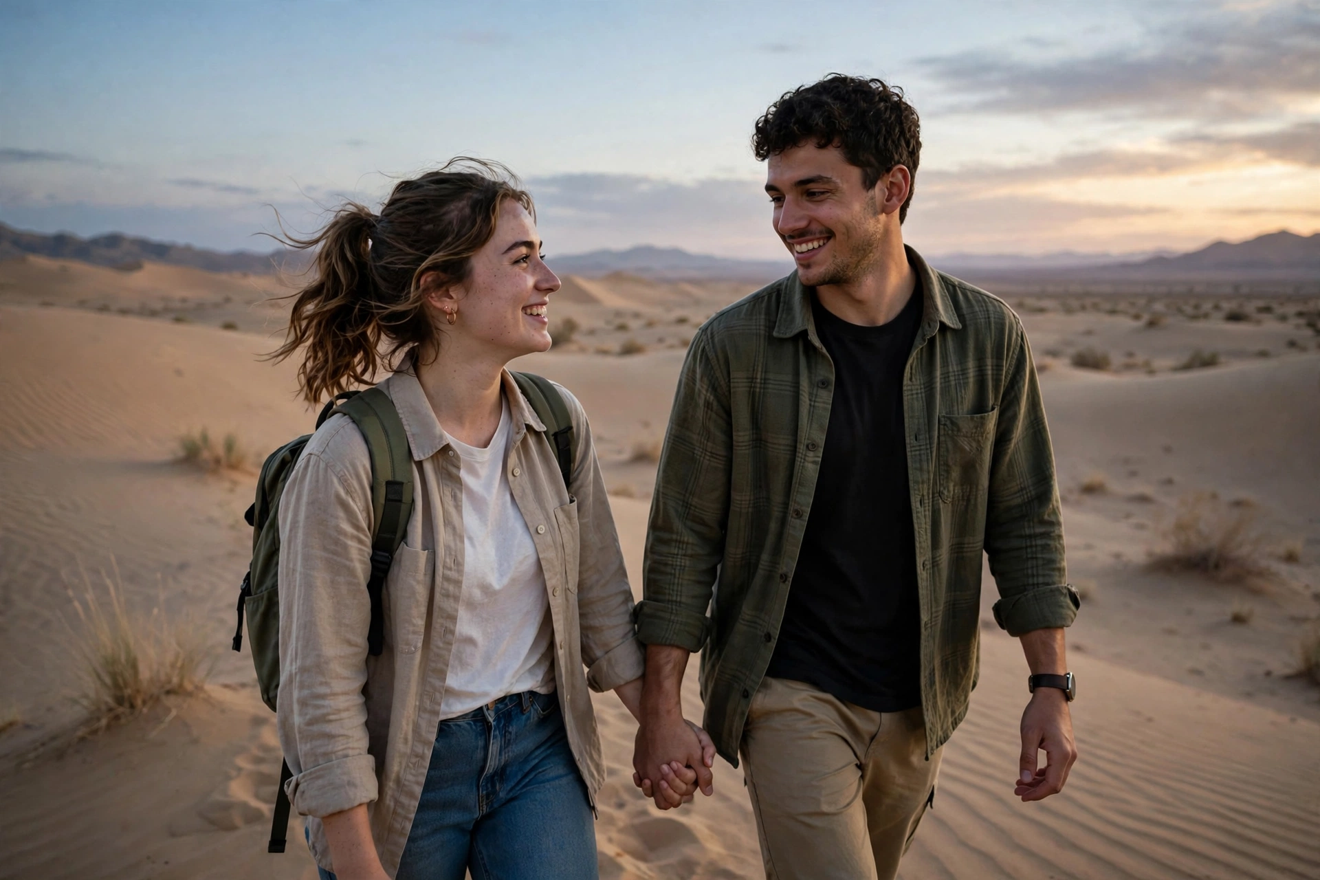 Create an ultra-realistic cinematic photograph of a young couple walking hand in hand through a desert dune at dusk, soft evening light, both smiling