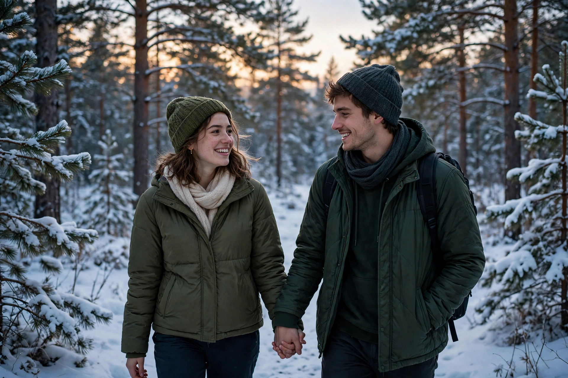 Create an ultra-realistic cinematic photograph of a young couple walking hand in hand through a snow-covered pine forest, soft evening light, both smi