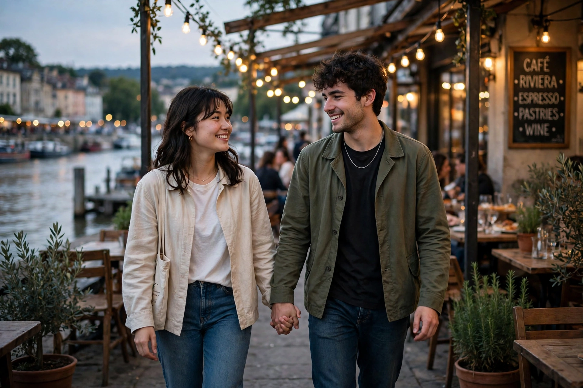 Create an ultra-realistic cinematic photograph of a young couple walking hand in hand through a riverside cafe, soft evening light, both smiling at ea