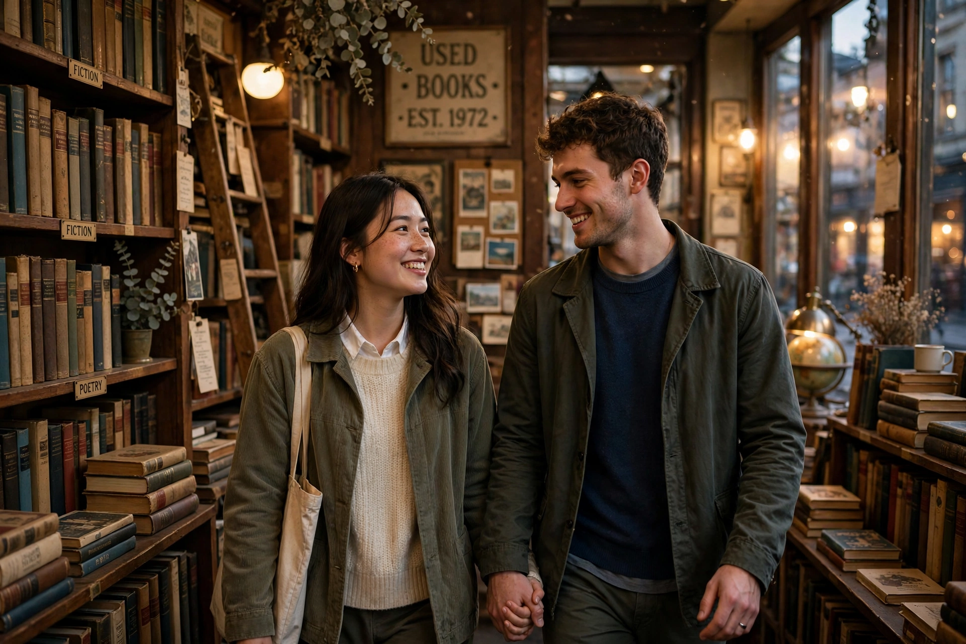 Create an ultra-realistic cinematic photograph of a young couple walking hand in hand through a vintage bookshop, soft evening light, both smiling at