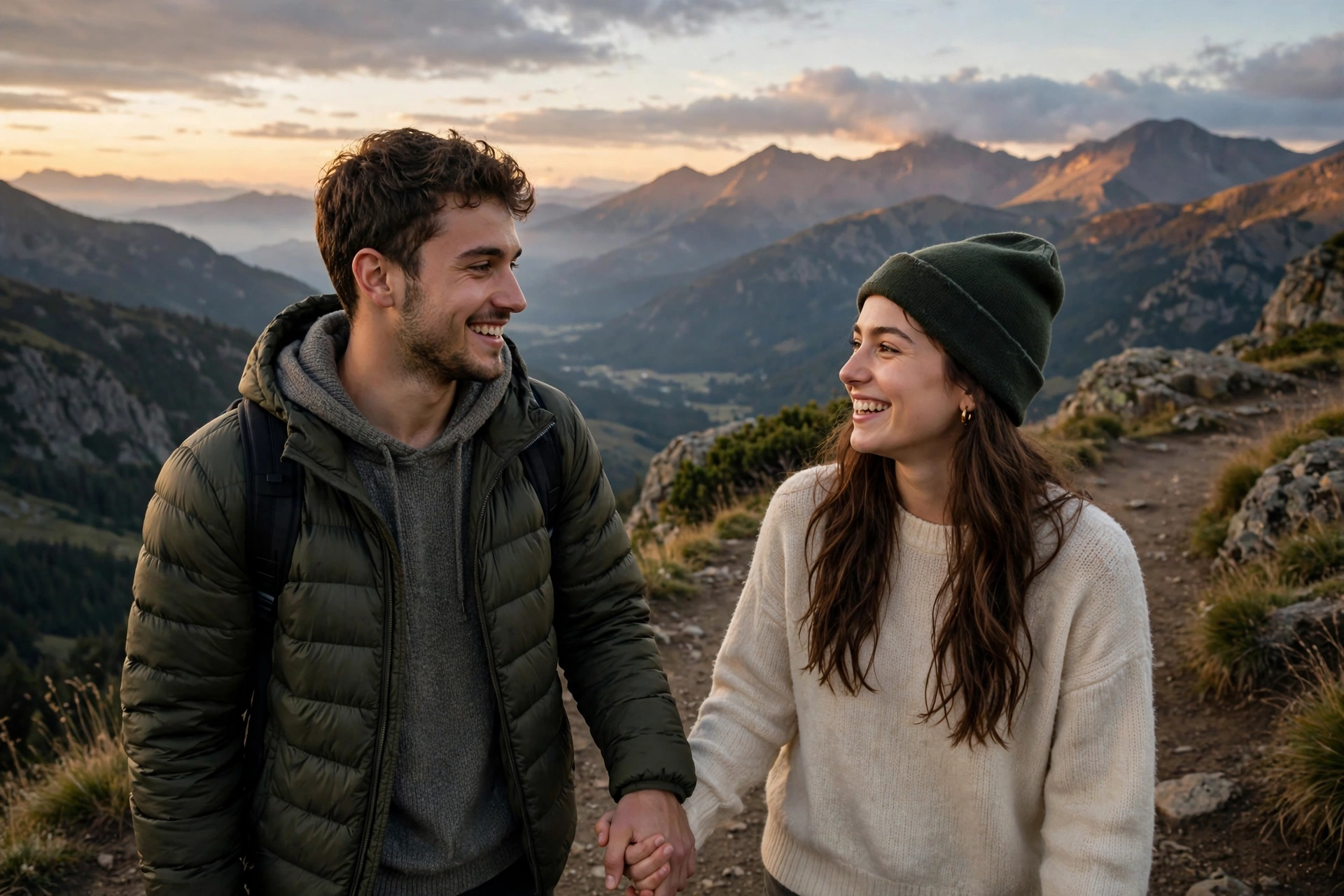 Create an ultra-realistic cinematic photograph of a young couple walking hand in hand through a mountain viewpoint, soft evening light, both smiling a