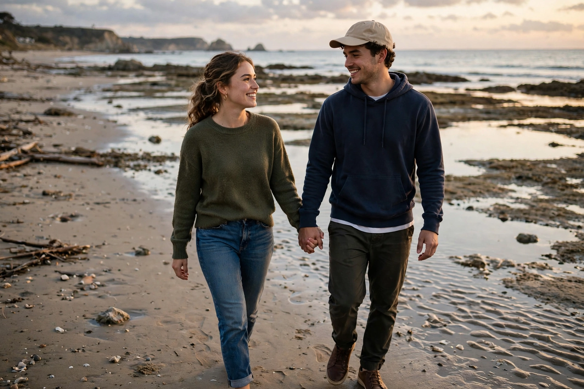 Create an ultra-realistic cinematic photograph of a young couple walking hand in hand through a beach at low tide, soft evening light, both smiling at