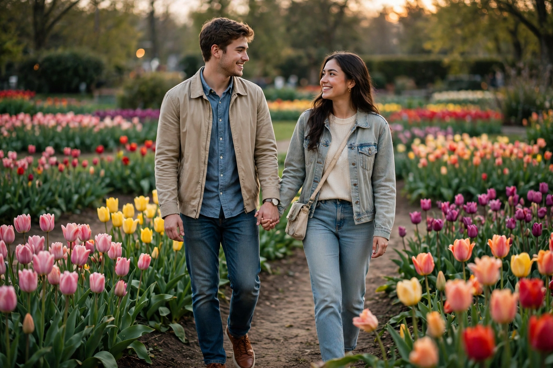 Create an ultra-realistic cinematic photograph of a young couple walking hand in hand through a tulip garden, soft evening light, both smiling at each