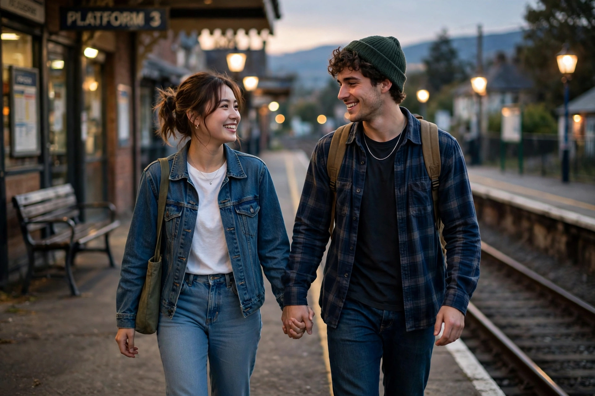 Create an ultra-realistic cinematic photograph of a young couple walking hand in hand through a quiet railway platform, soft evening light, both smili