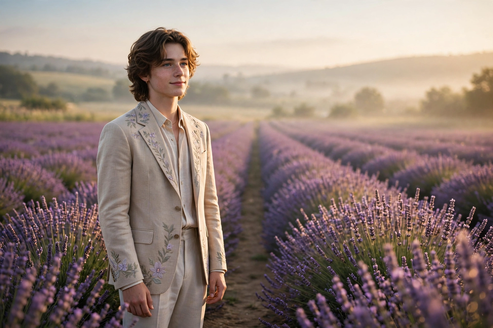 Create an ultra-realistic cinematic photograph of a young person in elegant attire standing in a lavender field in dreamy light, cinematic composition