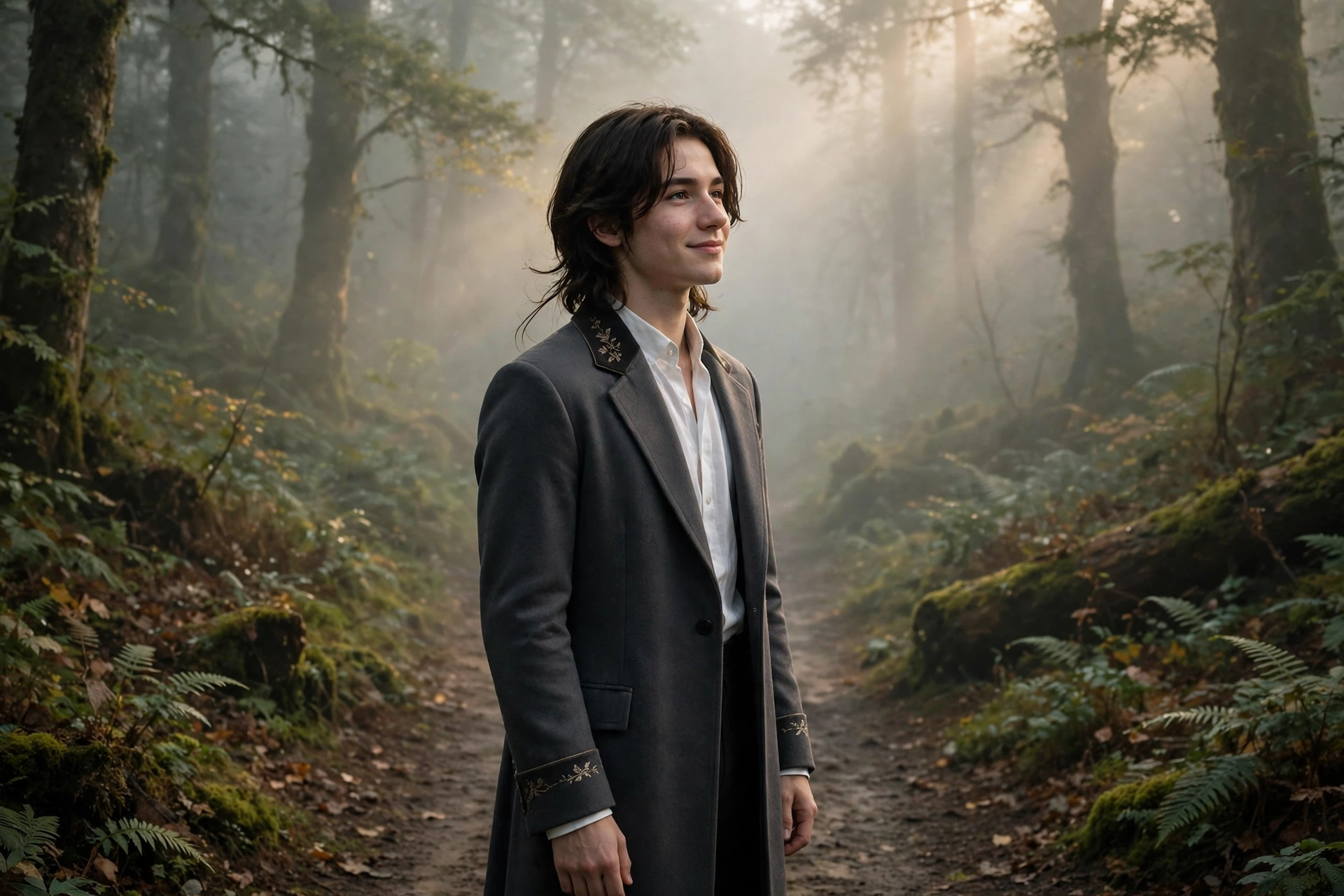 Create an ultra-realistic cinematic photograph of a young person in elegant attire standing in a foggy forest path in cinematic light, cinematic compo