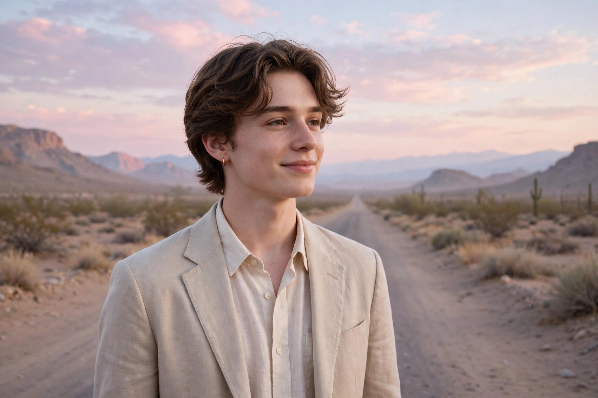 Create an ultra-realistic cinematic photograph of a young person in elegant attire standing in a desert road in pastel light, cinematic composition, g
