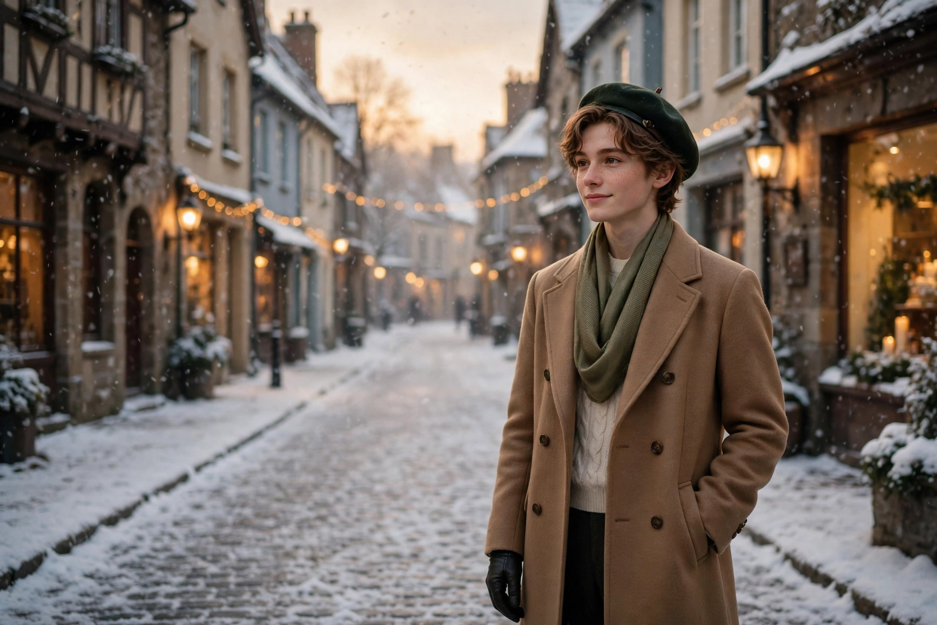 Create an ultra-realistic cinematic photograph of a young person in elegant attire standing in a snowy street in vintage light, cinematic composition