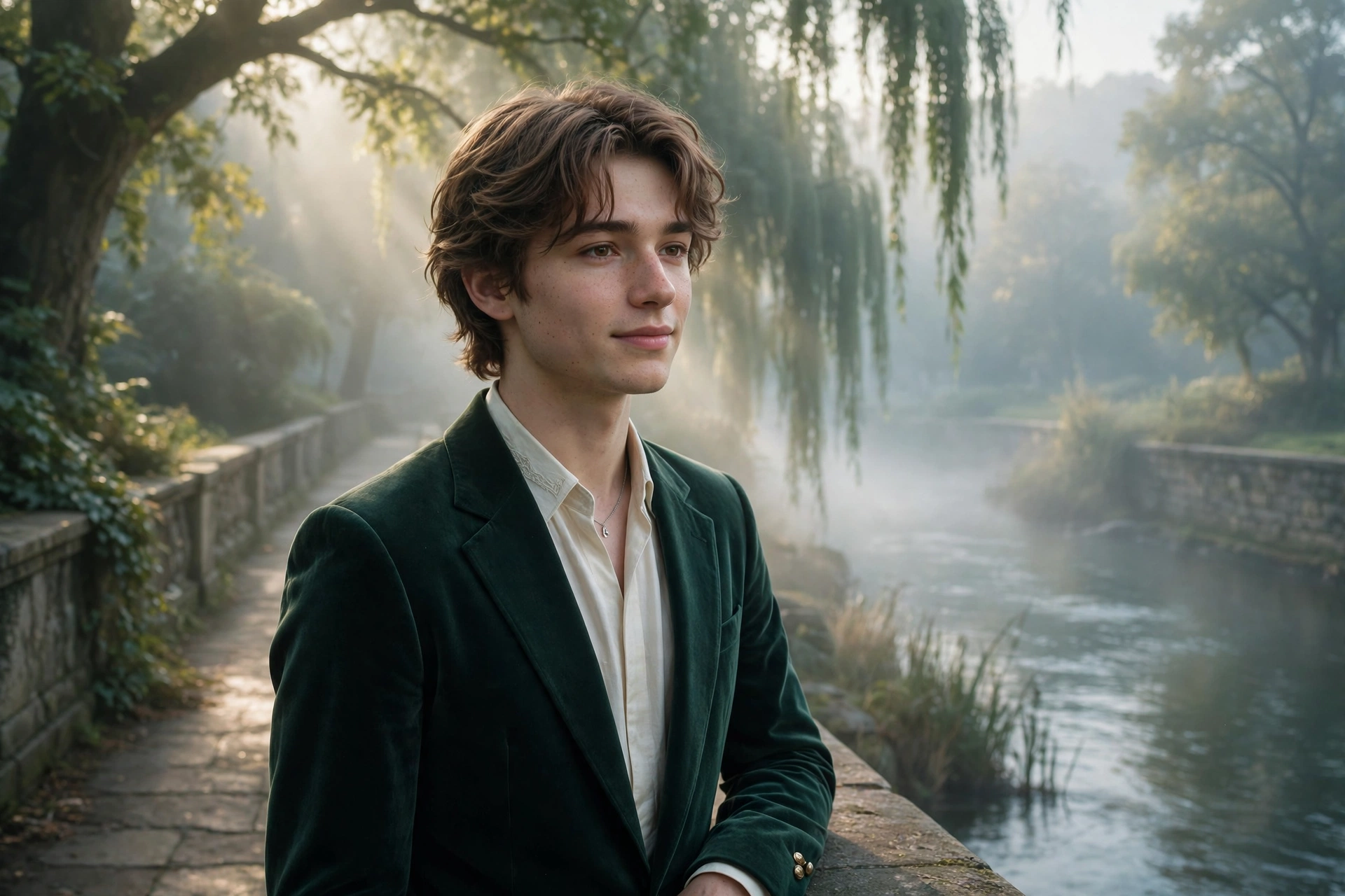 Create an ultra-realistic cinematic photograph of a young person in elegant attire standing in a riverside walk in ethereal light, cinematic compositi