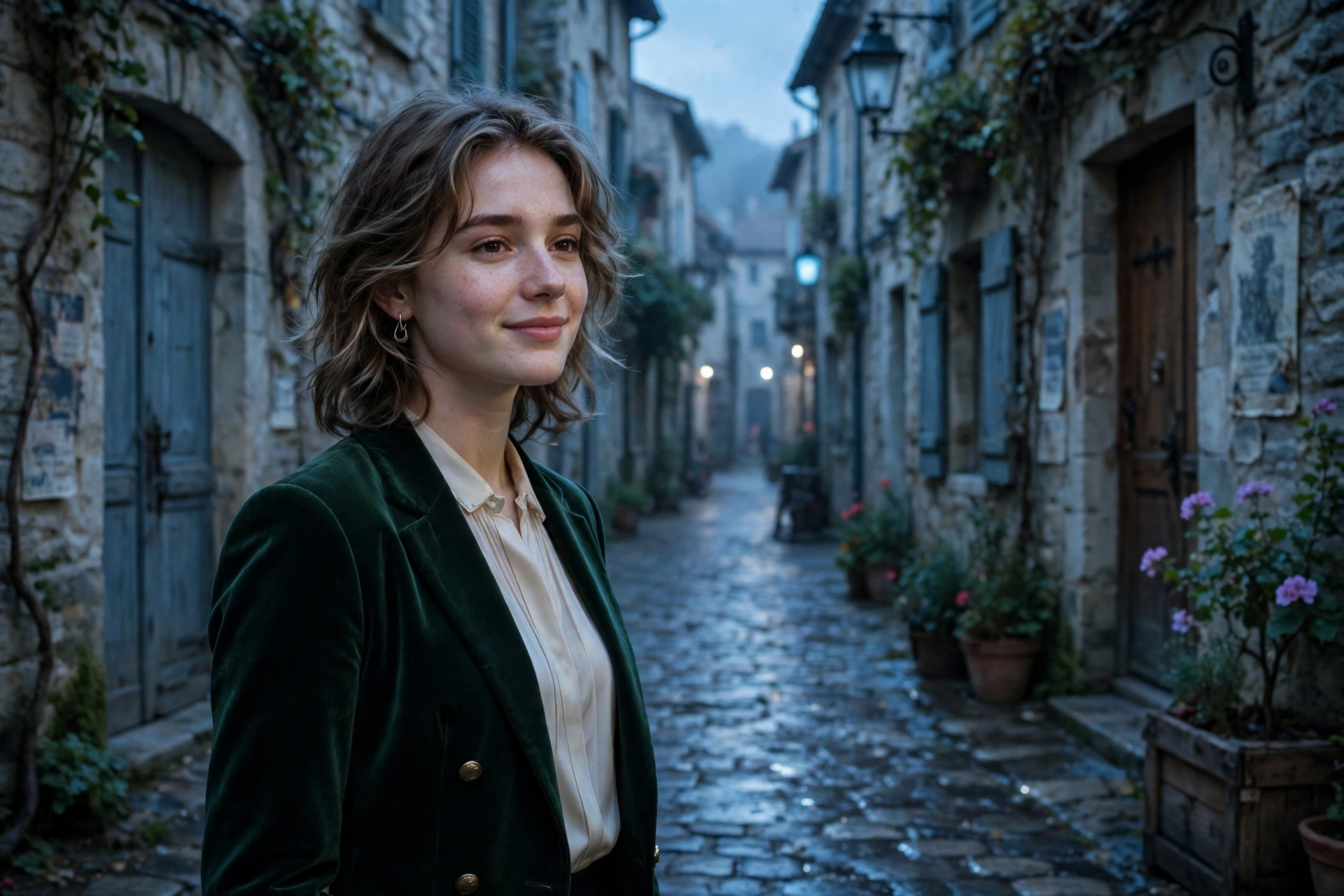 Create an ultra-realistic cinematic photograph of a young person in elegant attire standing in a old town alley in cool light, cinematic composition