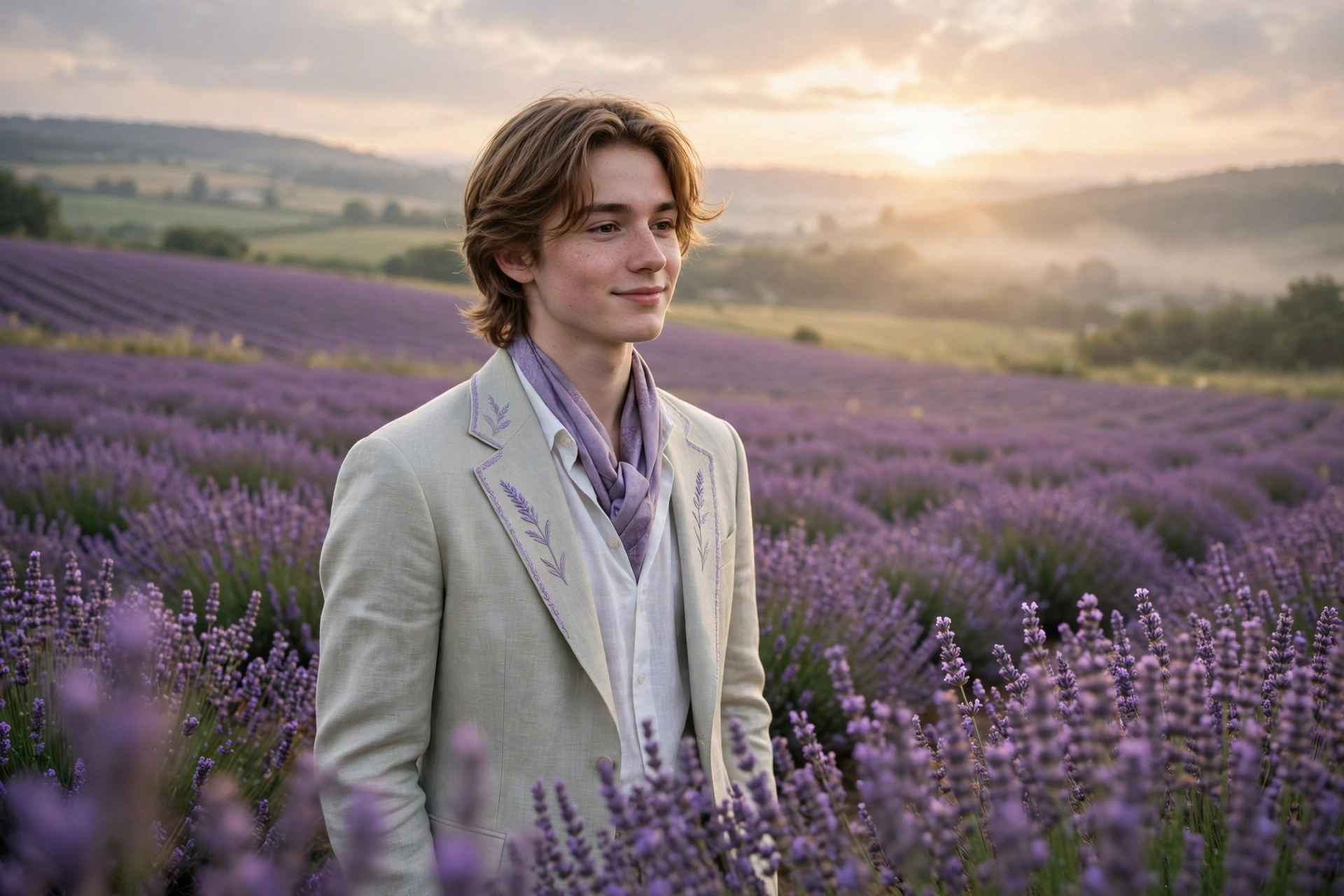 Create an ultra-realistic cinematic photograph of a young person in elegant attire standing in a lavender field in dreamy light, cinematic composition