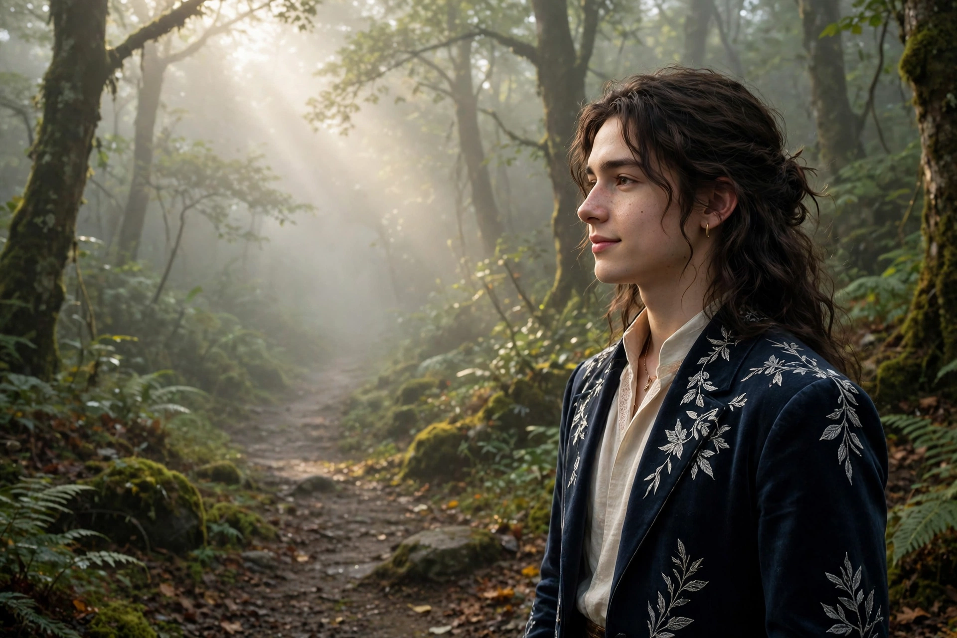 Create an ultra-realistic cinematic photograph of a young person in elegant attire standing in a foggy forest path in cinematic light, cinematic compo