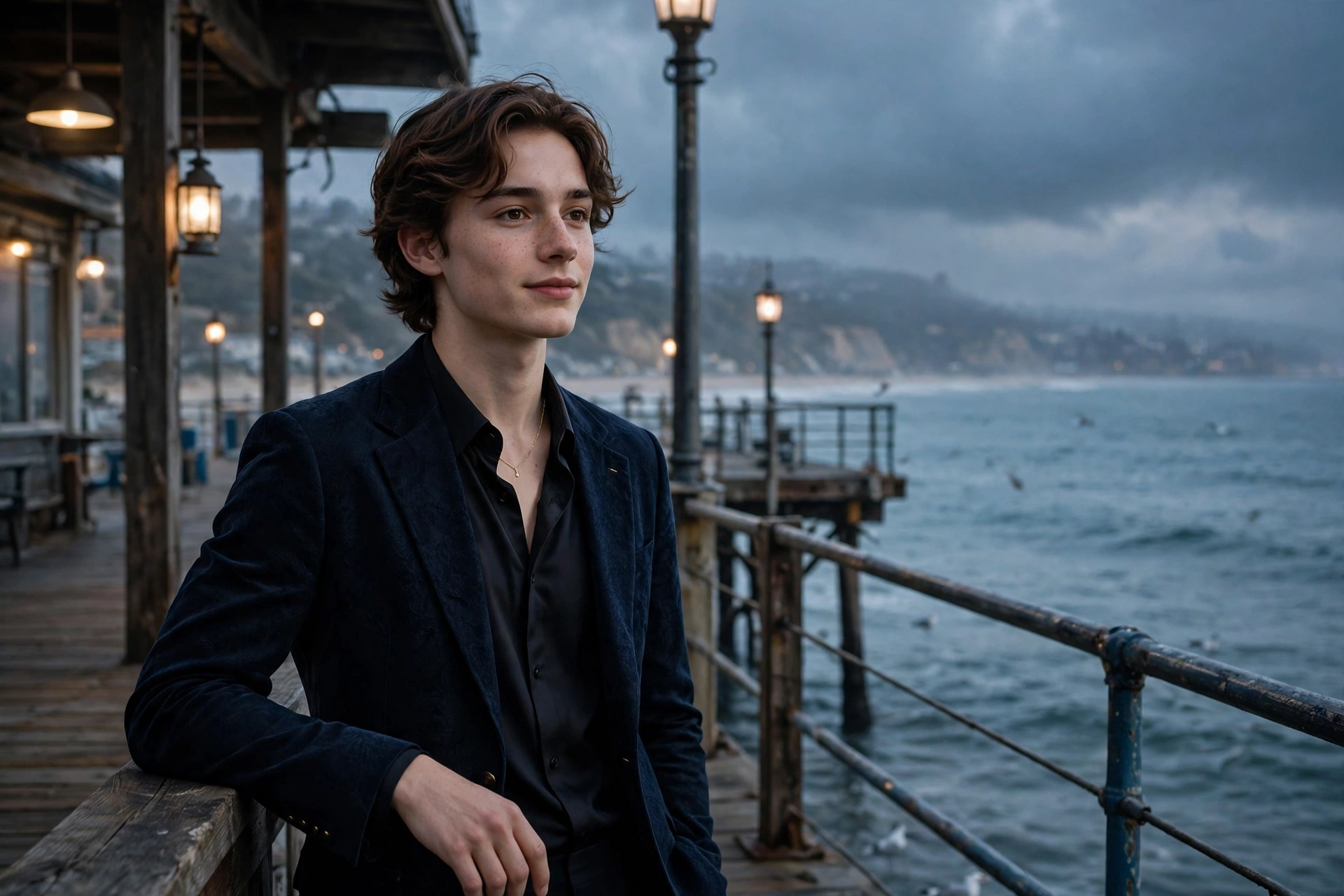 Create an ultra-realistic cinematic photograph of a young person in elegant attire standing in a seaside pier in moody light, cinematic composition, g