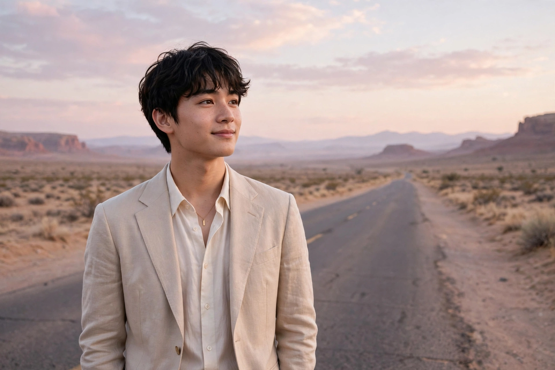 Create an ultra-realistic cinematic photograph of a young person in elegant attire standing in a desert road in pastel light, cinematic composition, g