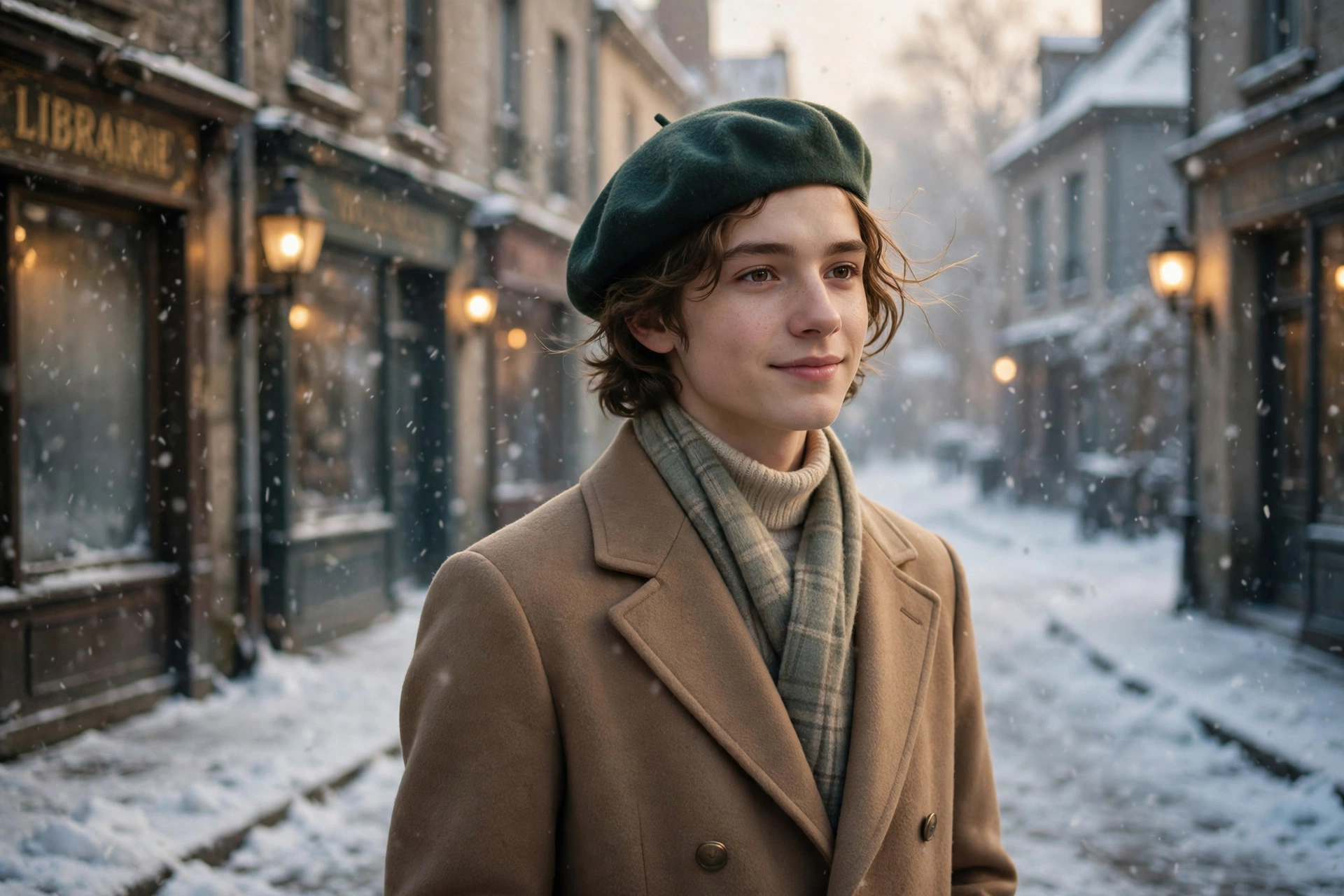 Create an ultra-realistic cinematic photograph of a young person in elegant attire standing in a snowy street in vintage light, cinematic composition