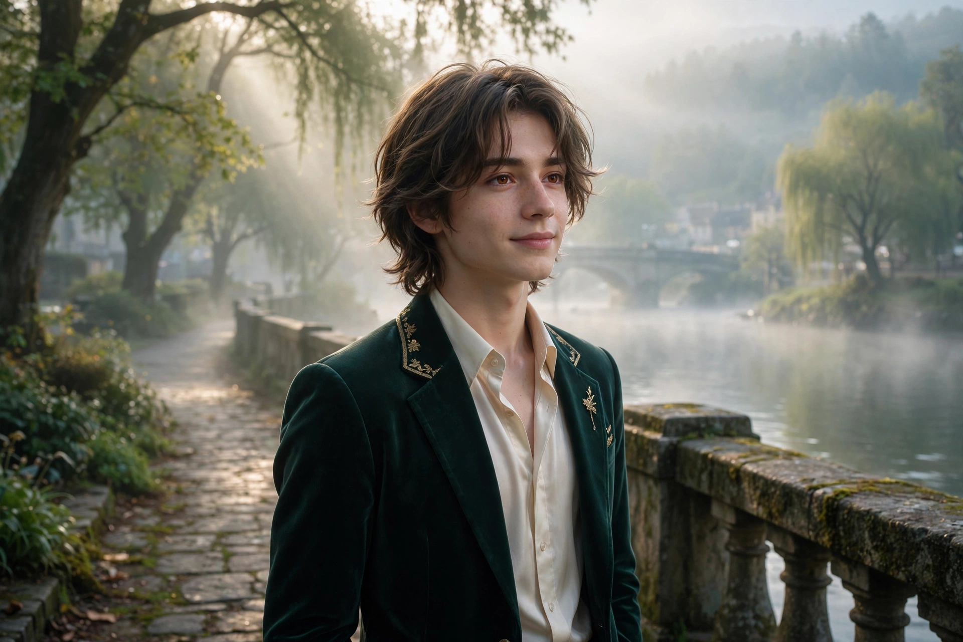 Create an ultra-realistic cinematic photograph of a young person in elegant attire standing in a riverside walk in ethereal light, cinematic compositi